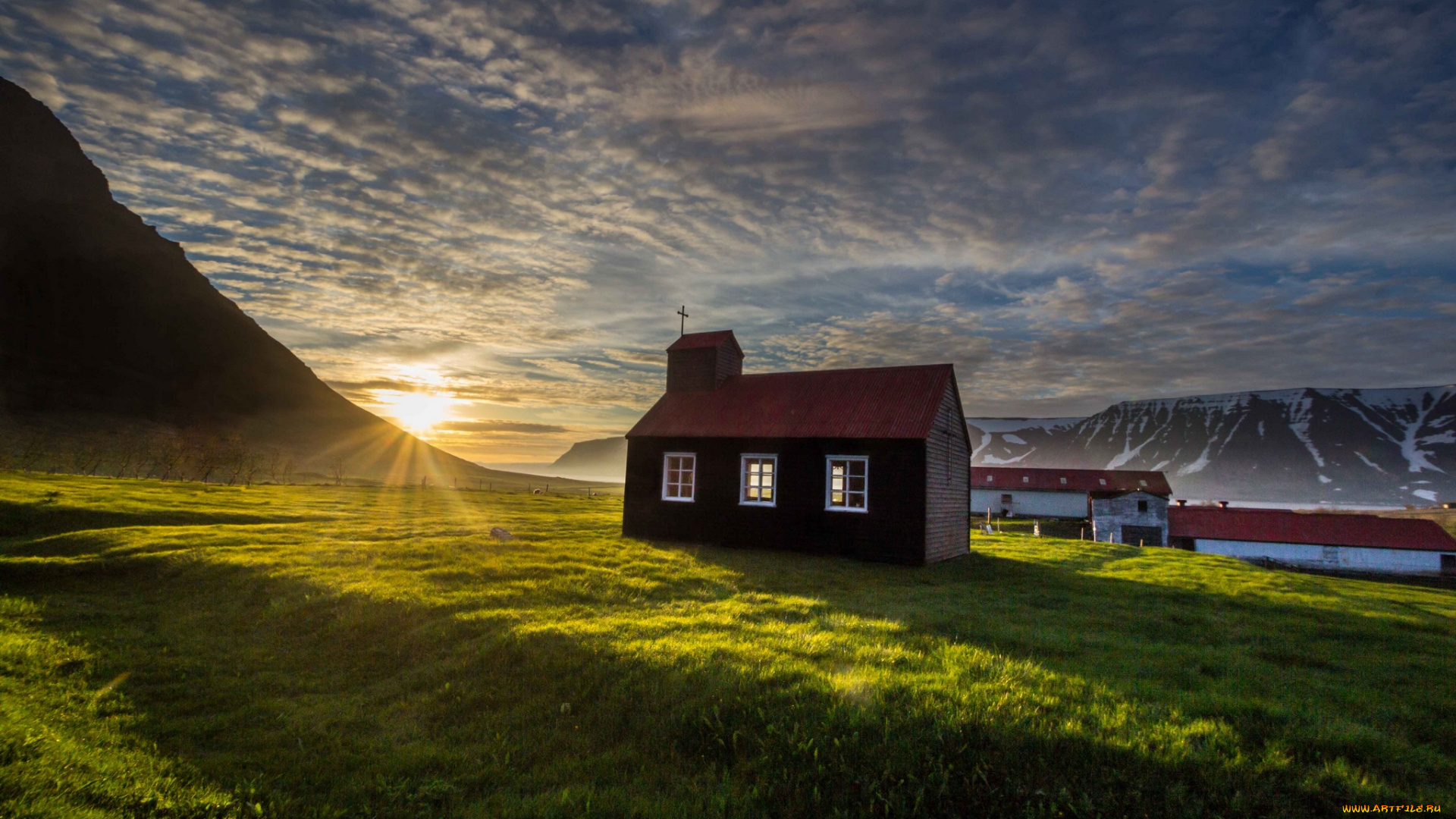 iceland, природа, восходы, закаты, исландия, часовня, горы, закат