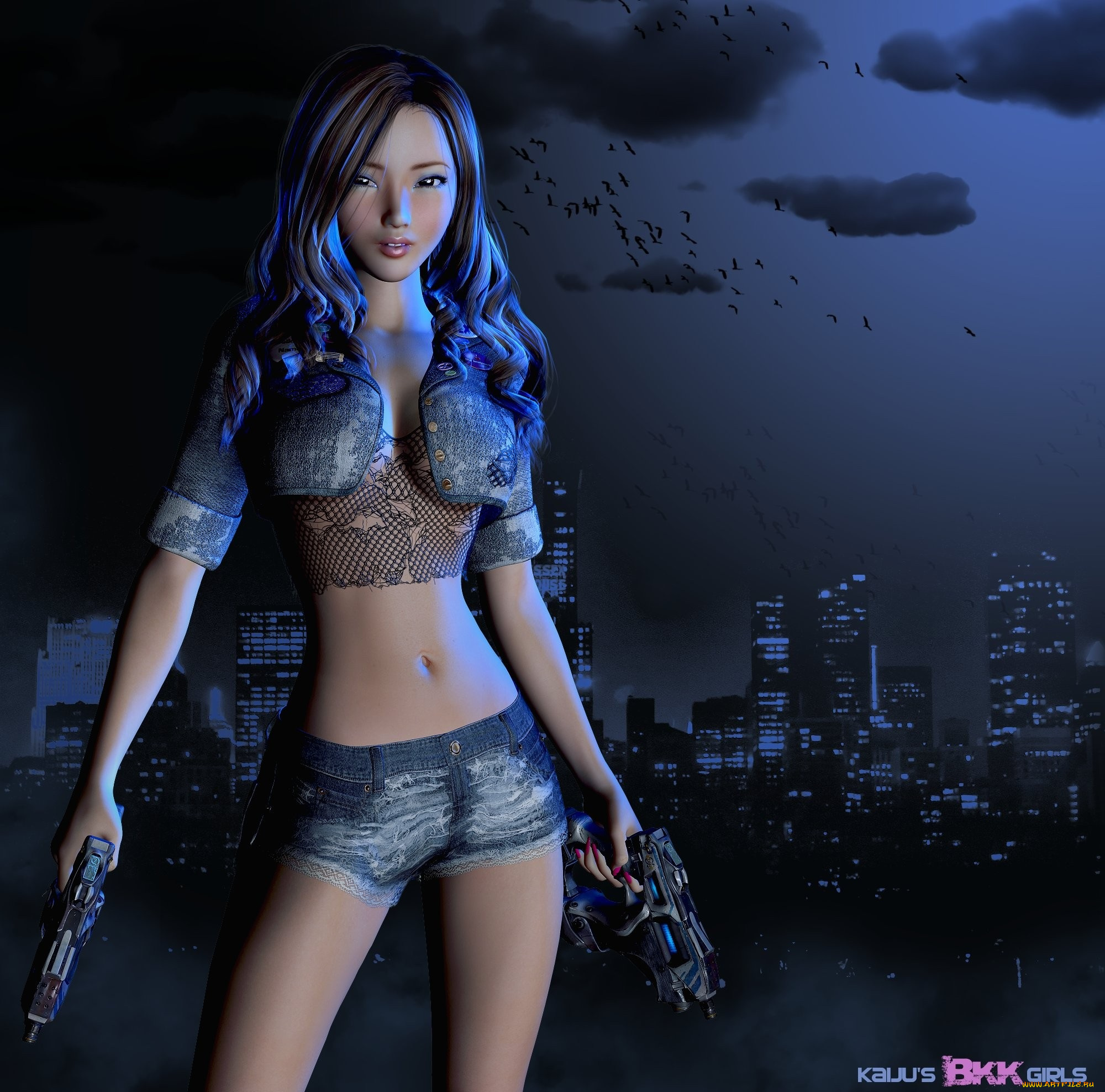 3д, графика, people, люди, девушка, город, ночь, облака, птицы