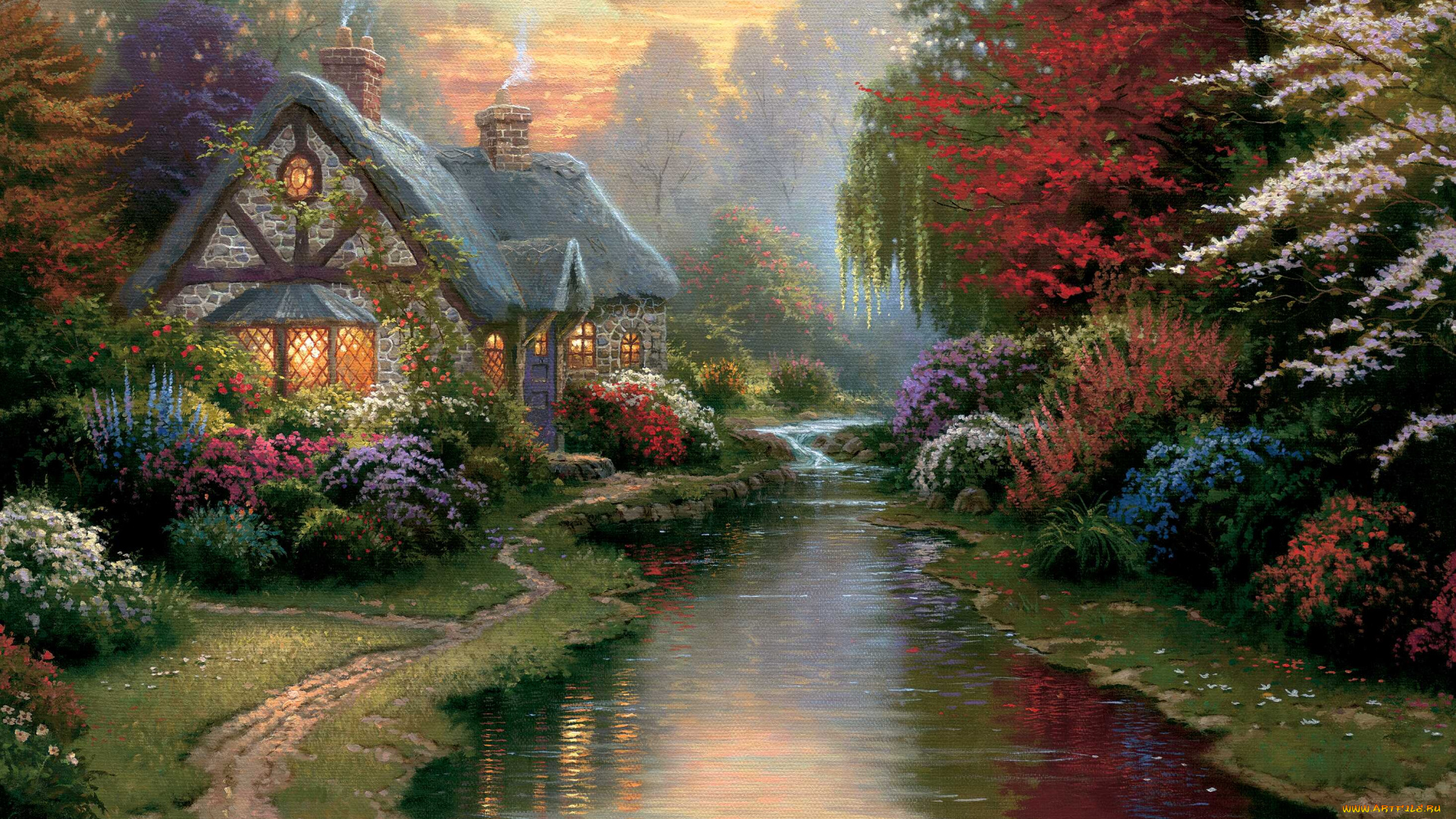 a, quiet, evening, рисованные, thomas, kinkade, коттедж, ручей, закат, вечер