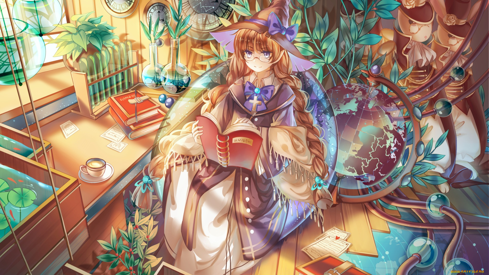 аниме, -halloween, &, magic, книги, колбы, арт, глобус, шляпа, рыжая, растения, часы, девушка