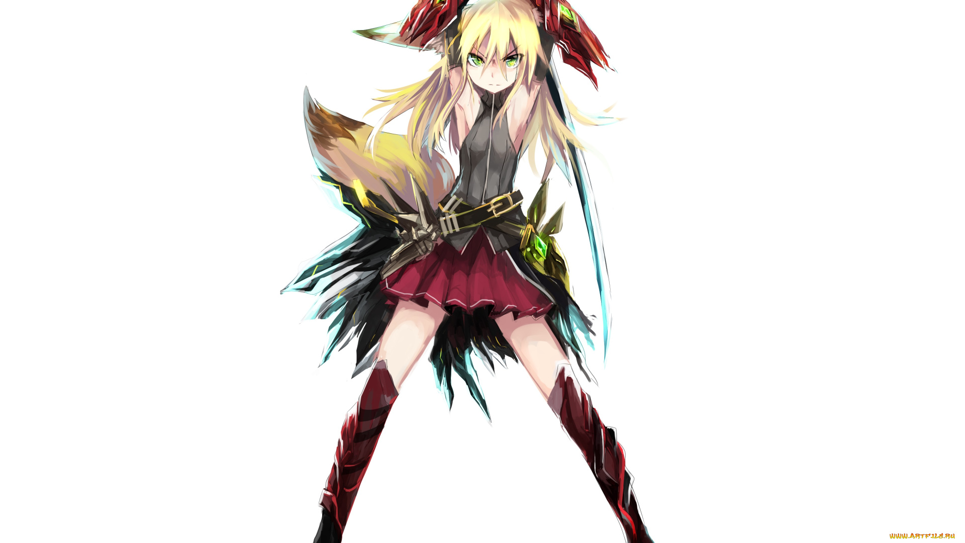 аниме, -weapon, , blood, &, technology, арт, девушка, хвосты, ушки, белый, фон, меч, оружие, взгляд