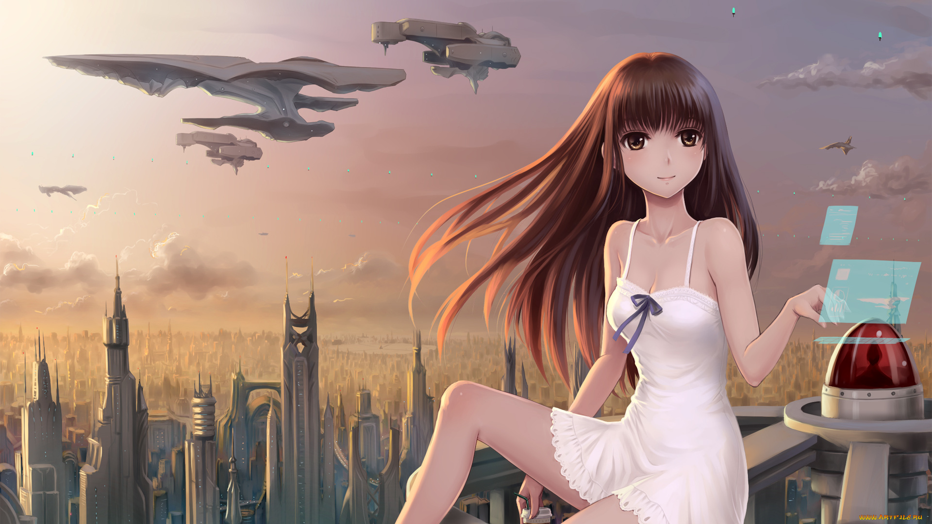 аниме, -weapon, , blood, &, technology, корабли, шатенка, город, девушка, взгляд, арт, небо