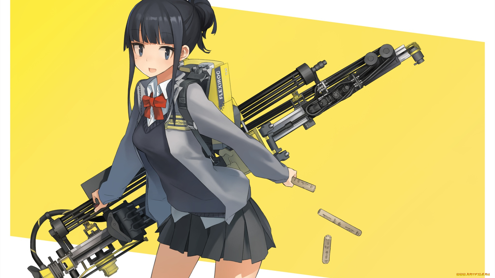 аниме, -weapon, , blood, &, technology, шатенка, технологии, арт, хвост, жёлтый, фон, оружие, девушка