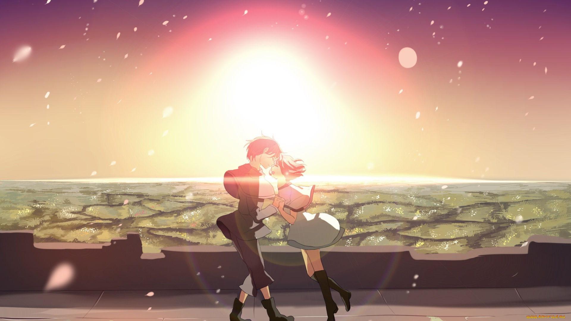 аниме, shinsekai, yori, арт, hzrn, ymj924, девушка, парень, закат, солнце, слезы, радость, небо