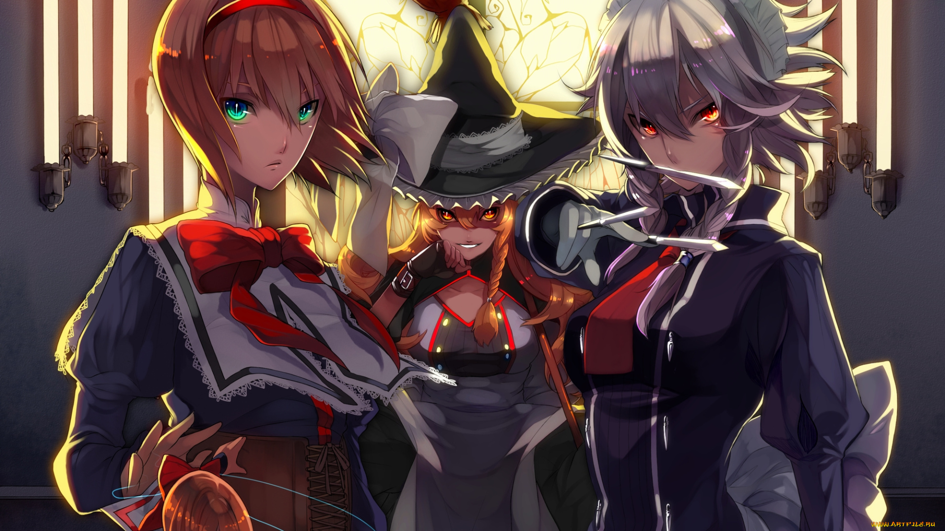 аниме, touhou, девушки, свечи, метла, клинки, кукла, ведьма, горничная