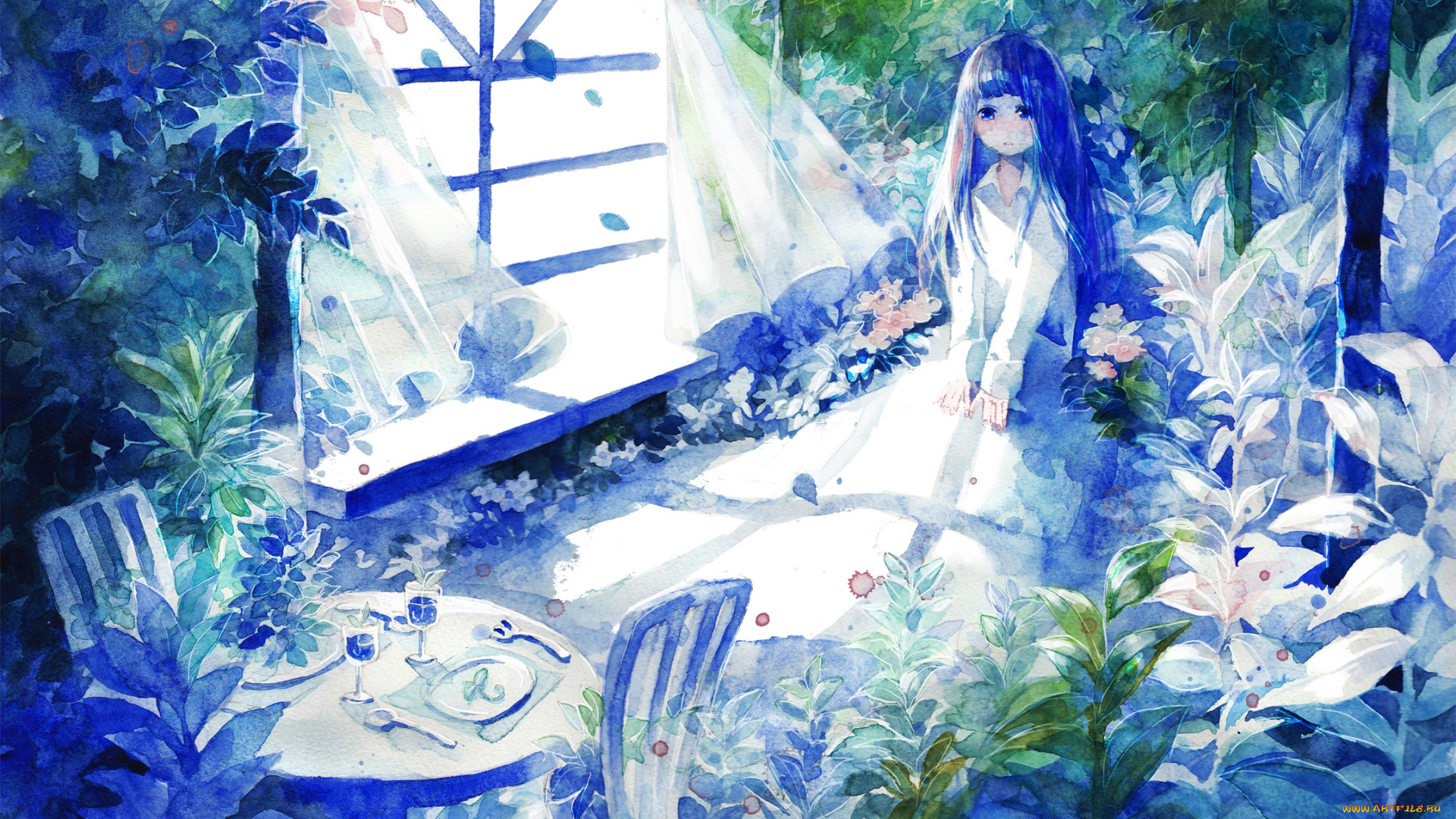 аниме, *unknown, , другое, растения, природа, стулья, занавески, рисунок, арт, стол, девушка, окно