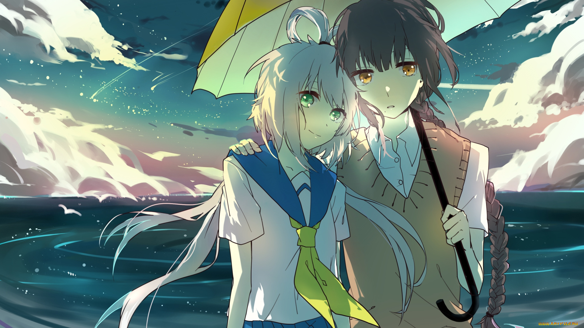 аниме, vocaloid, небо, облака, парень, девушка, арт, luo, tianyi, зонт, птицы, косички