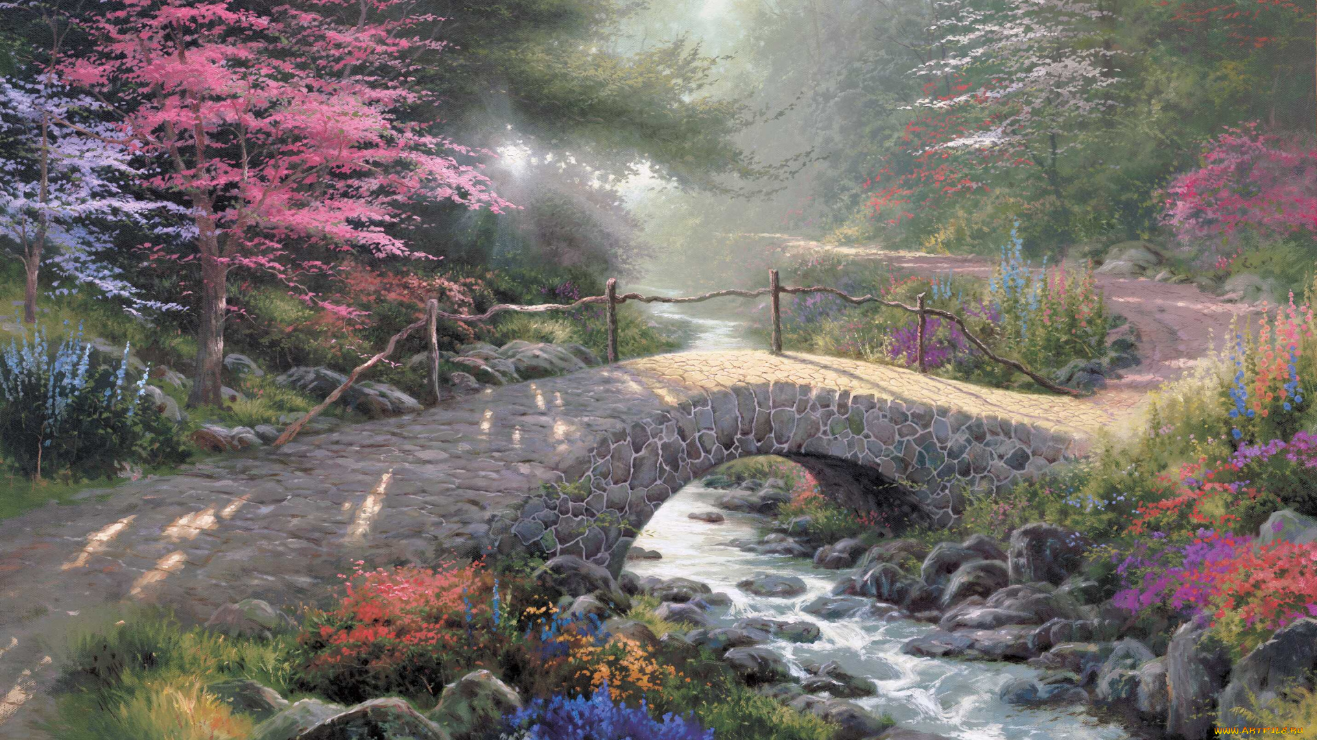 bridge, of, faith, рисованные, thomas, kinkade, лес, свет, парк, ручей, мост