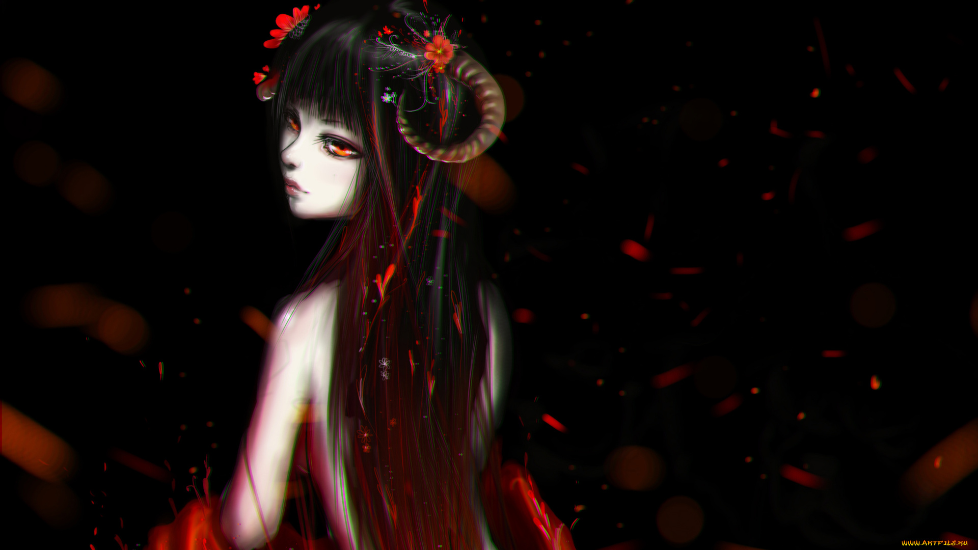 фэнтези, демоны, девушка, демон, цветы, рога