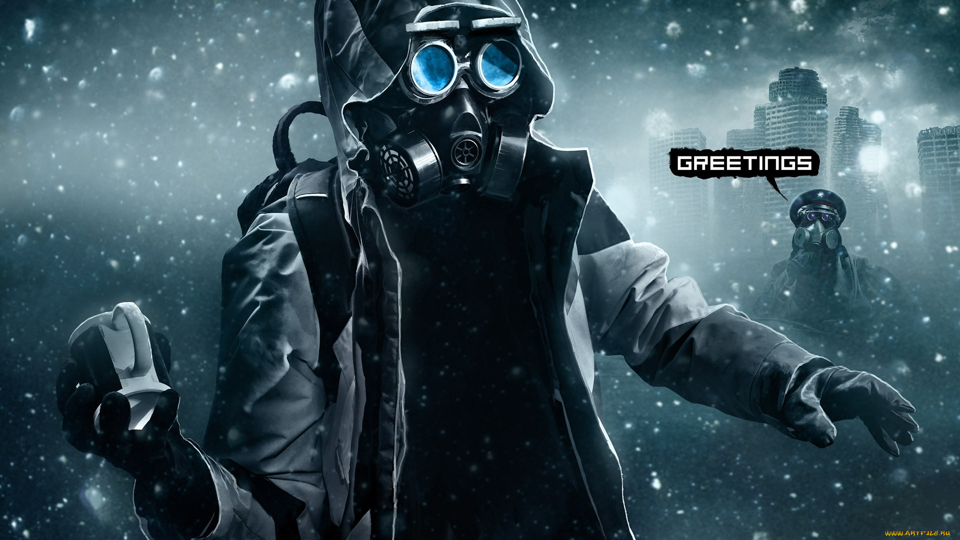 фэнтези, люди, противогаз, чашка, куртка, капюшон, арт, парень