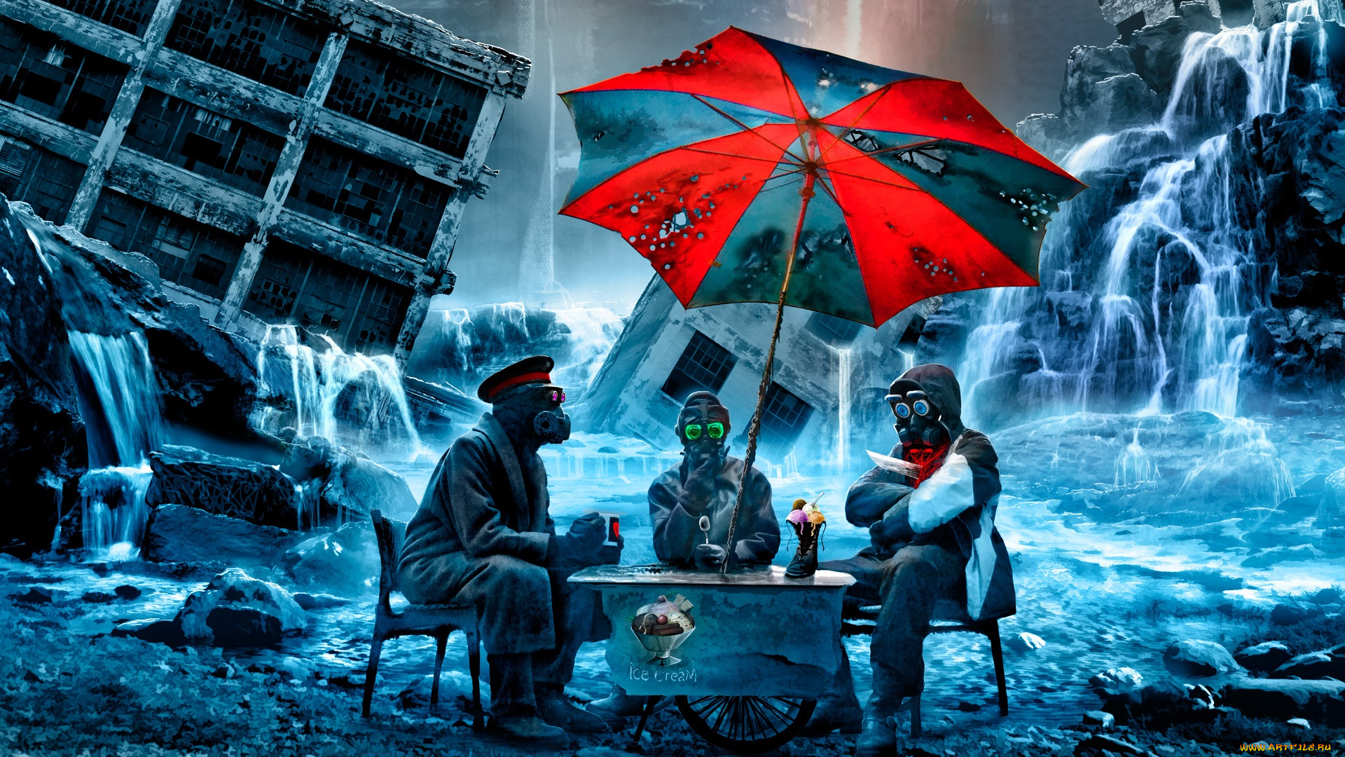 фэнтези, люди, зонтик, сапог, романтика, апокалипсиса, арт, мороженное