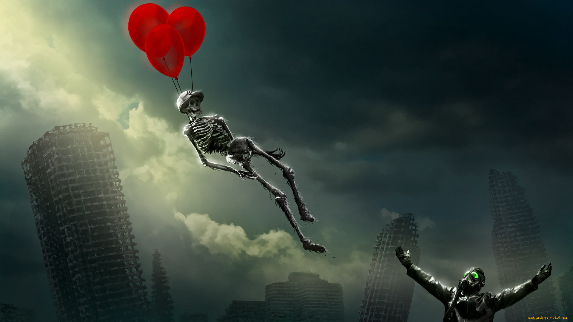 фэнтези, нежить, pilot, небоскрёбы, воздушные, шарики, пилот, скелет, романтика, апокалипсиса