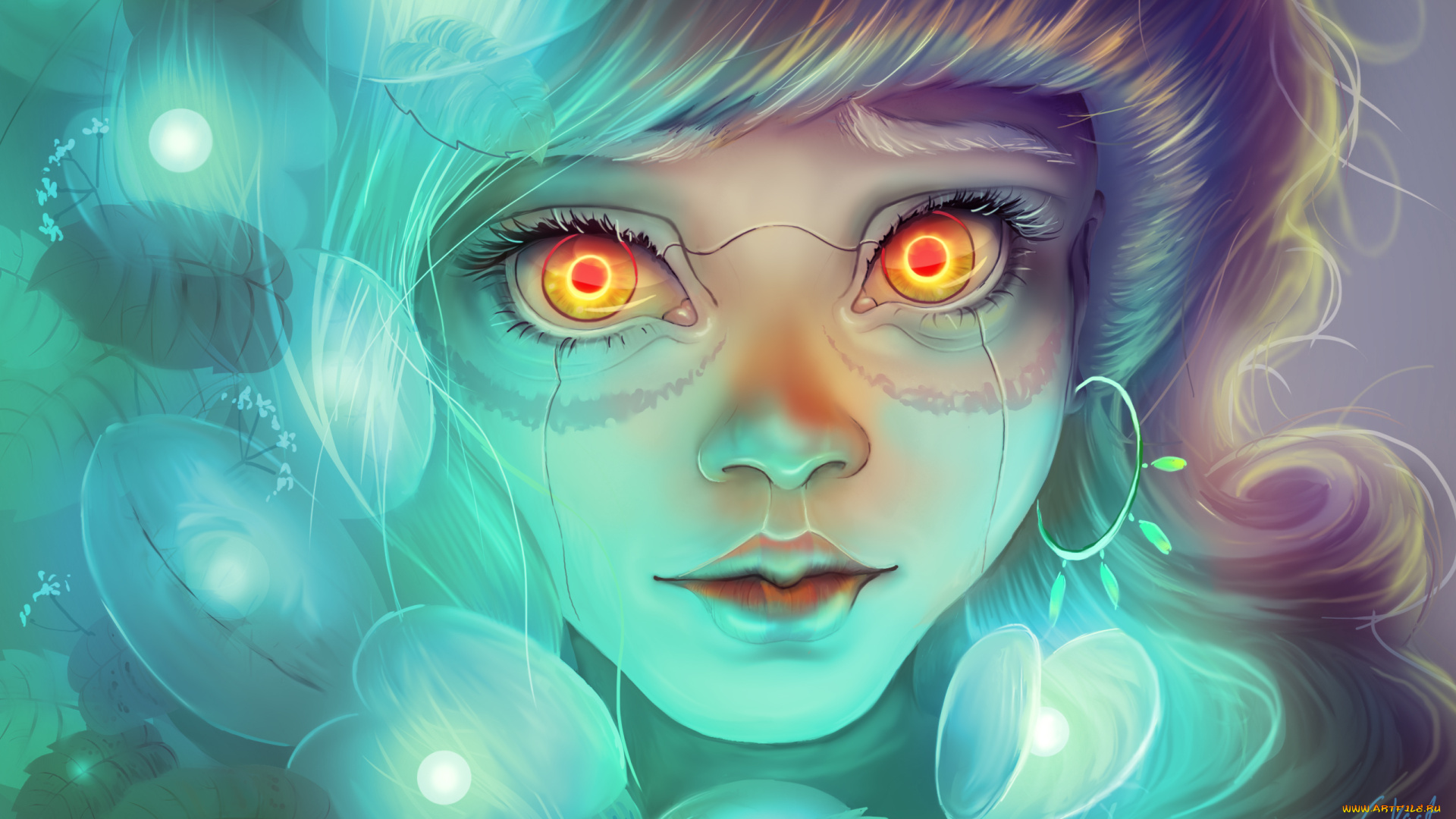 фэнтези, роботы, , киборги, , механизмы, девушка, листья, лицо, киборг