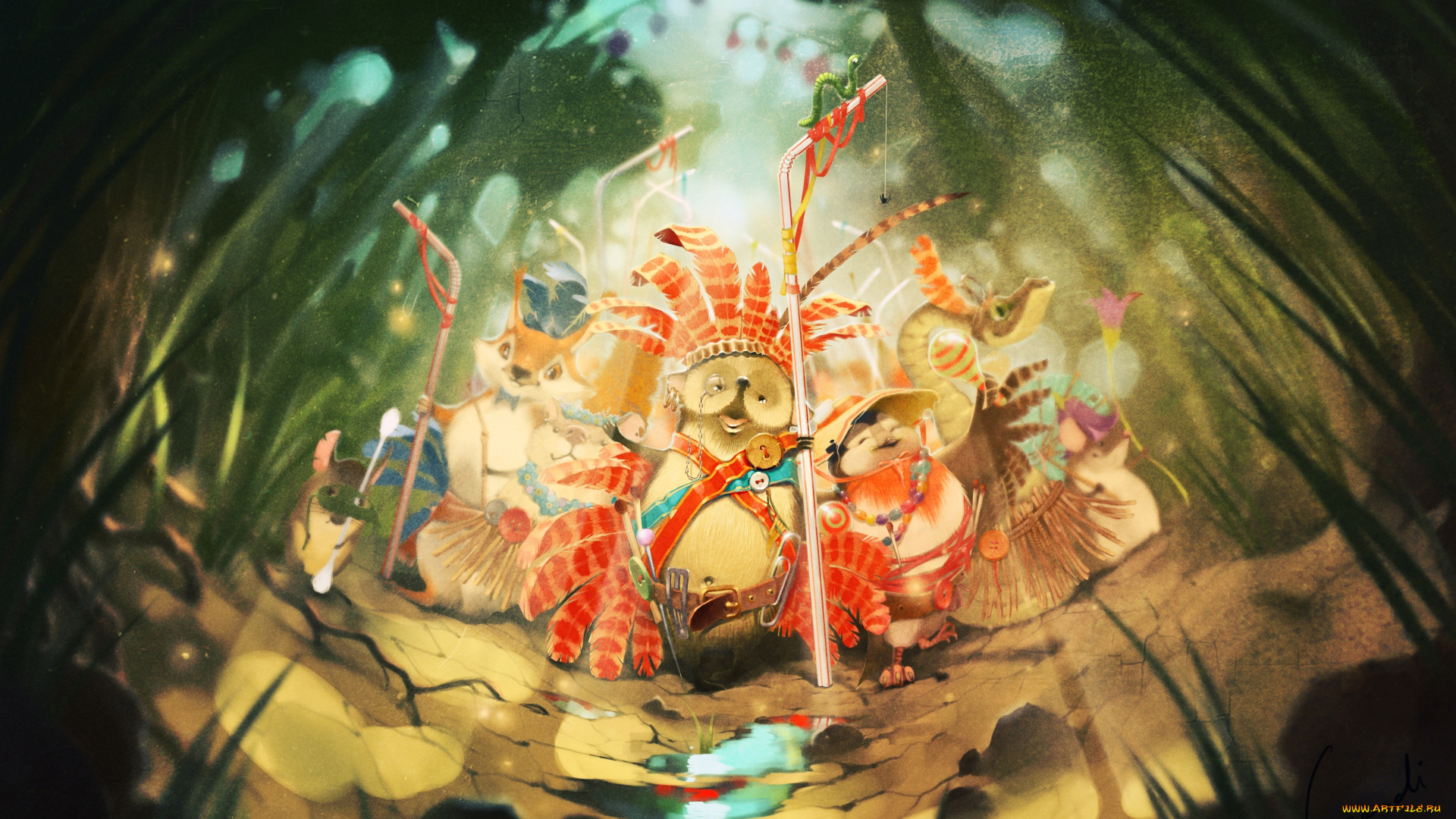 фэнтези, существа, джунгли, перья, звери, лес