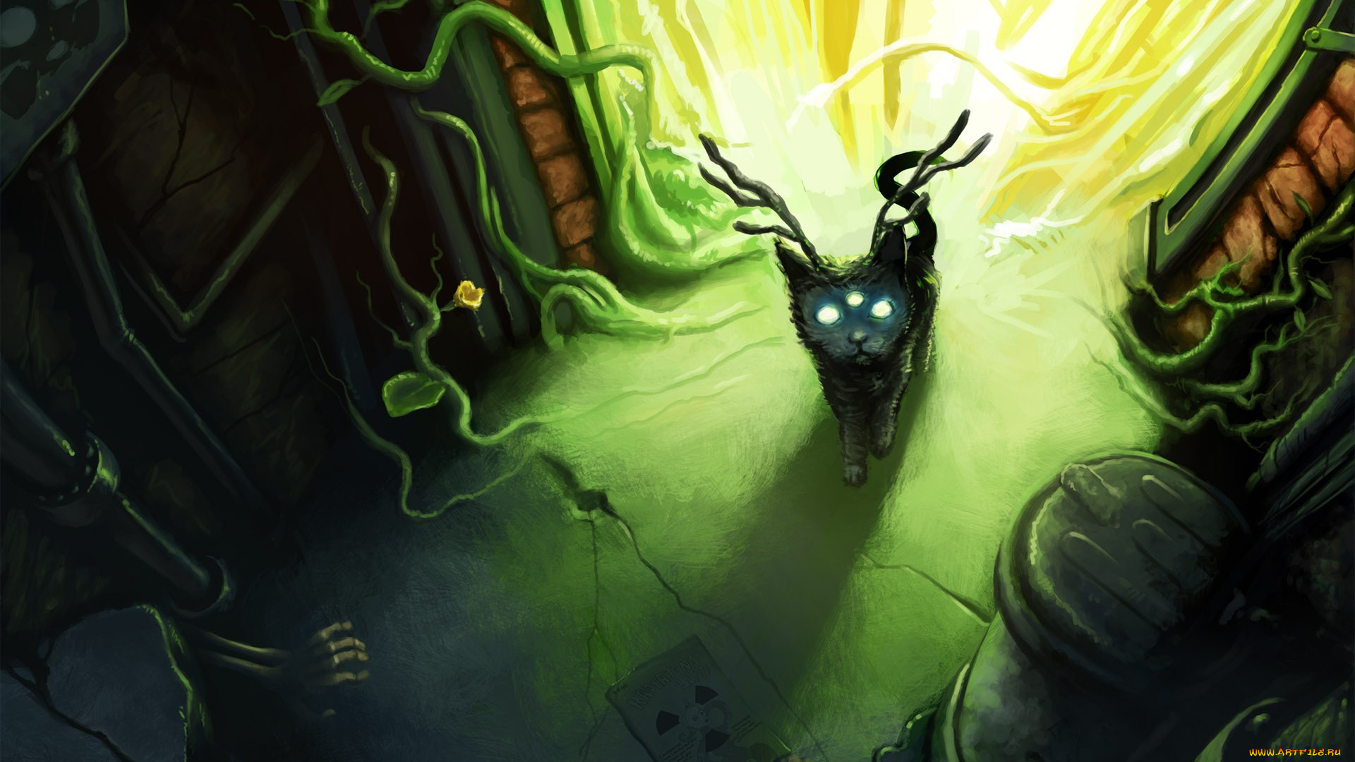 фэнтези, существа, комната, рука, кости, арт, существо, кот