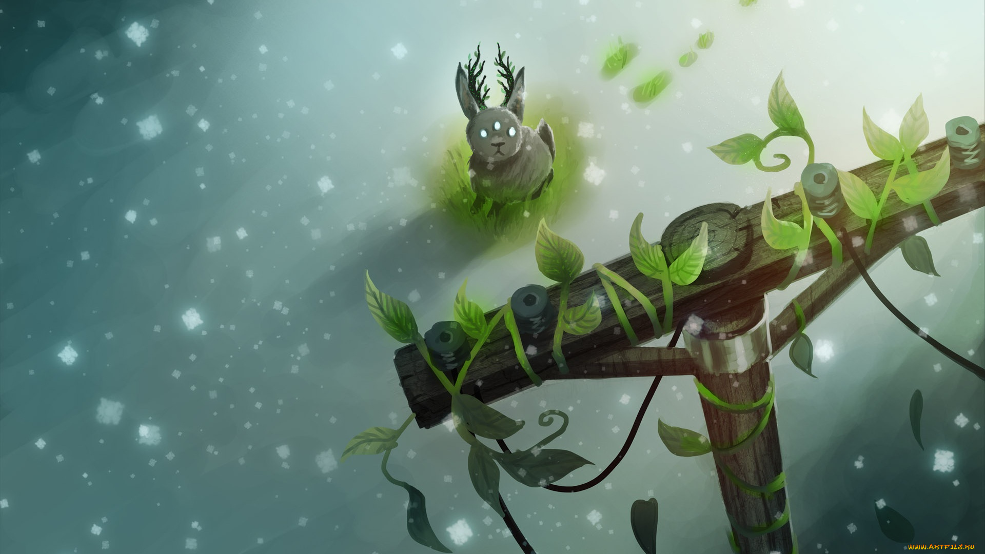 фэнтези, существа, рожки, столб, растение, зверёк, арт