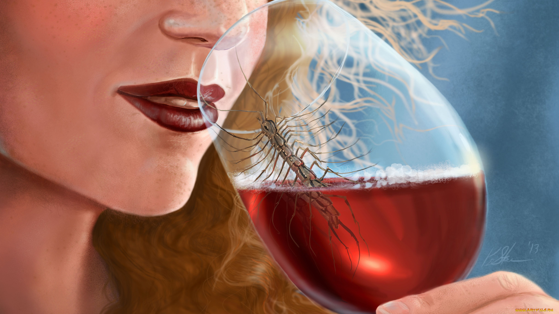 фэнтези, существа, существо, бокал, девушка, вино, насекомое