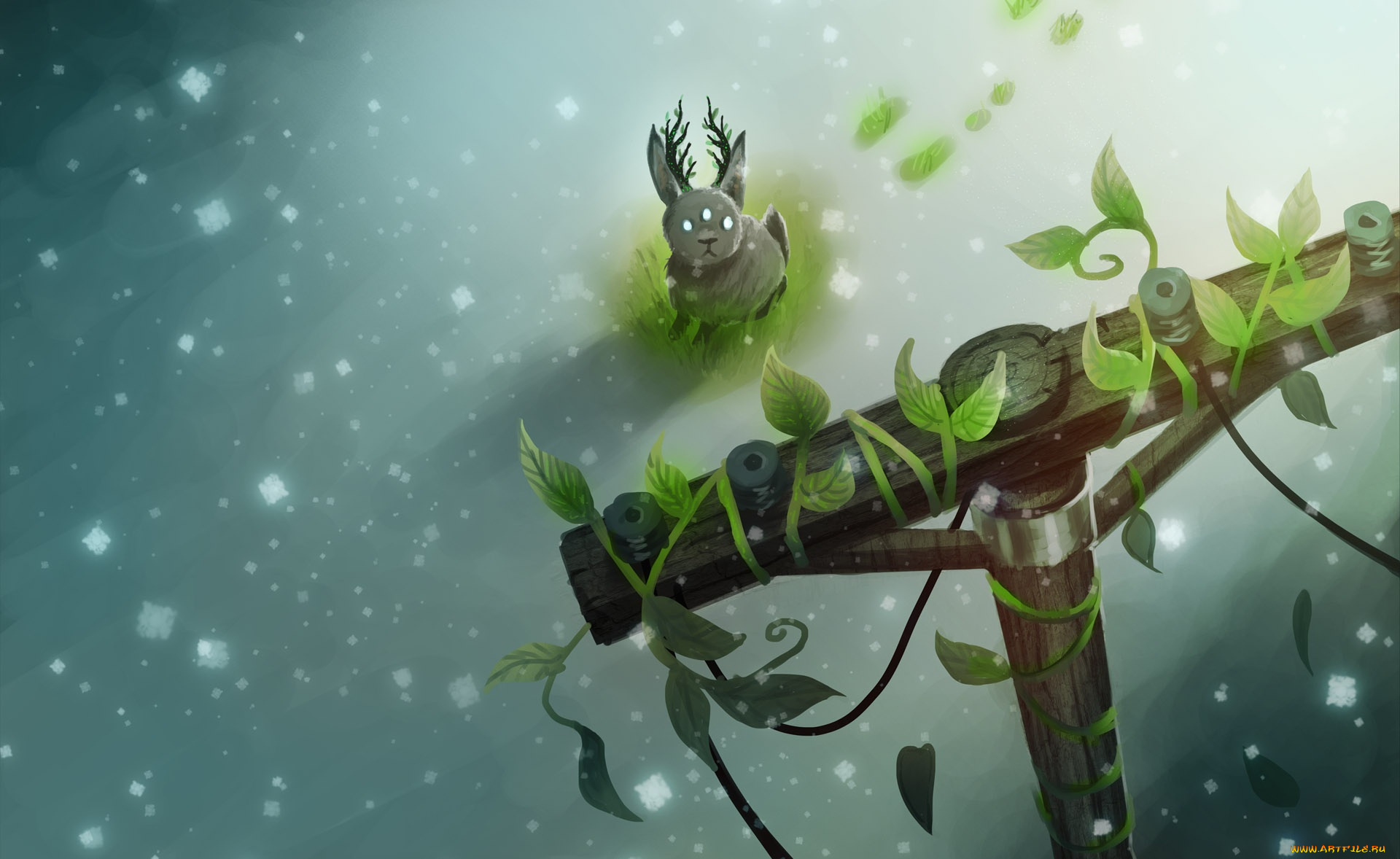 фэнтези, существа, рожки, столб, растение, зверёк, арт