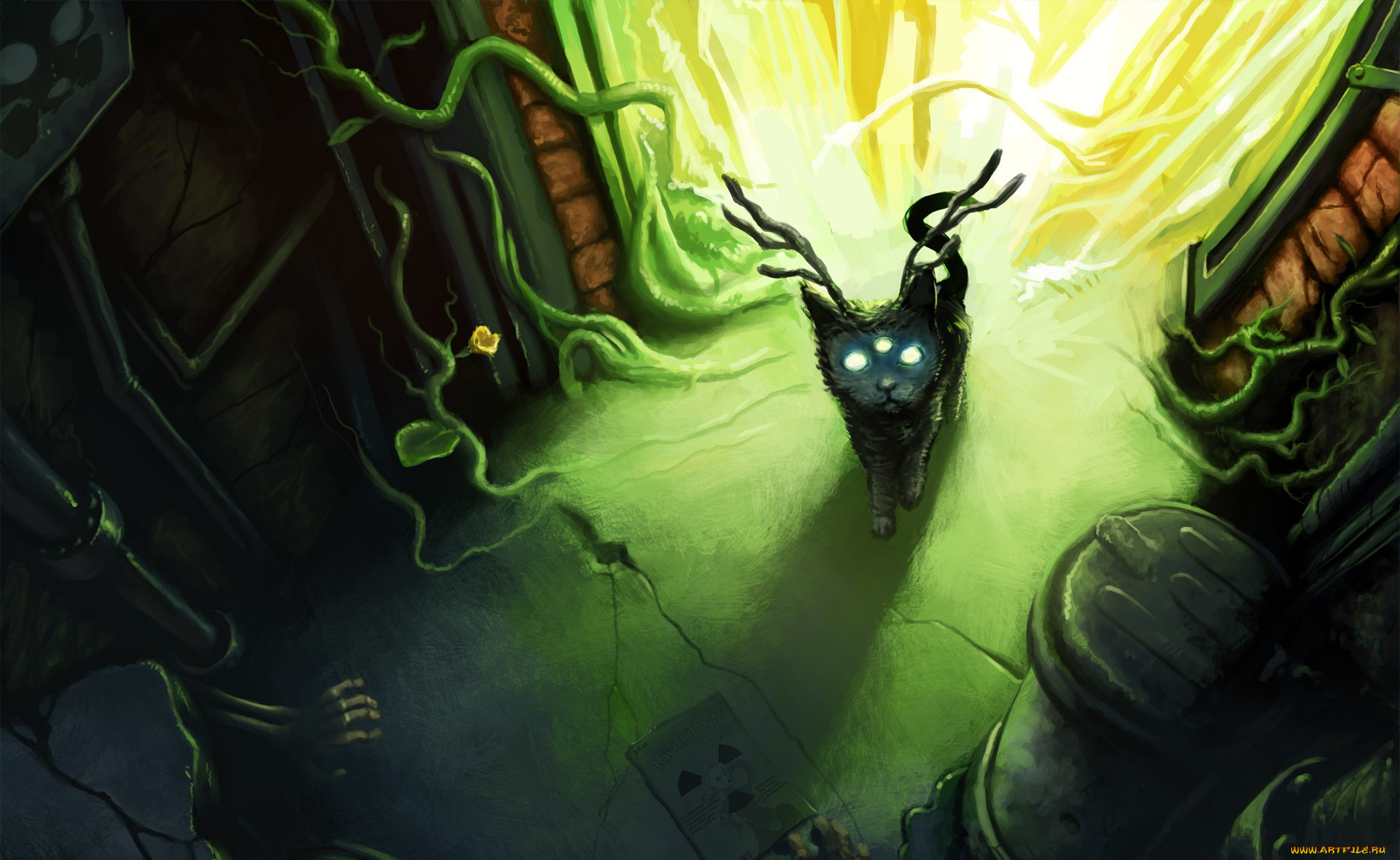 фэнтези, существа, комната, рука, кости, арт, существо, кот