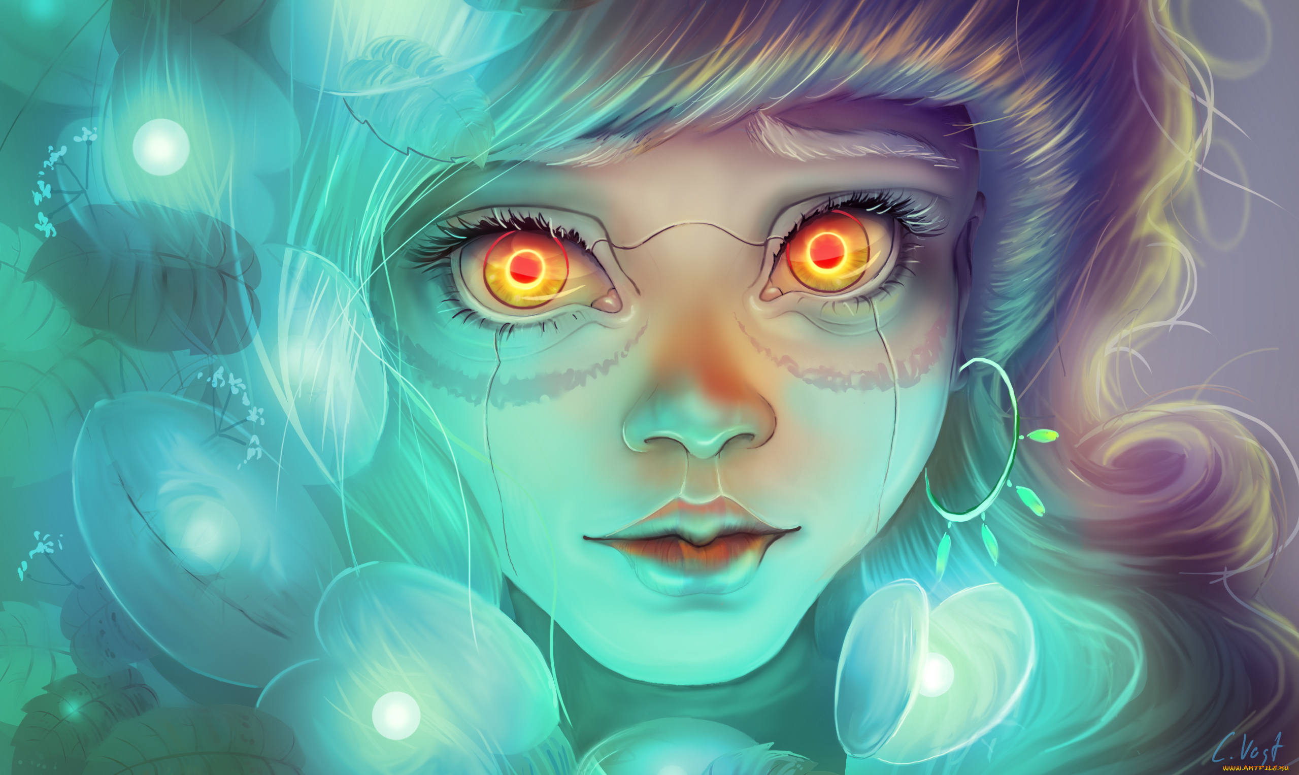 фэнтези, роботы, , киборги, , механизмы, девушка, листья, лицо, киборг