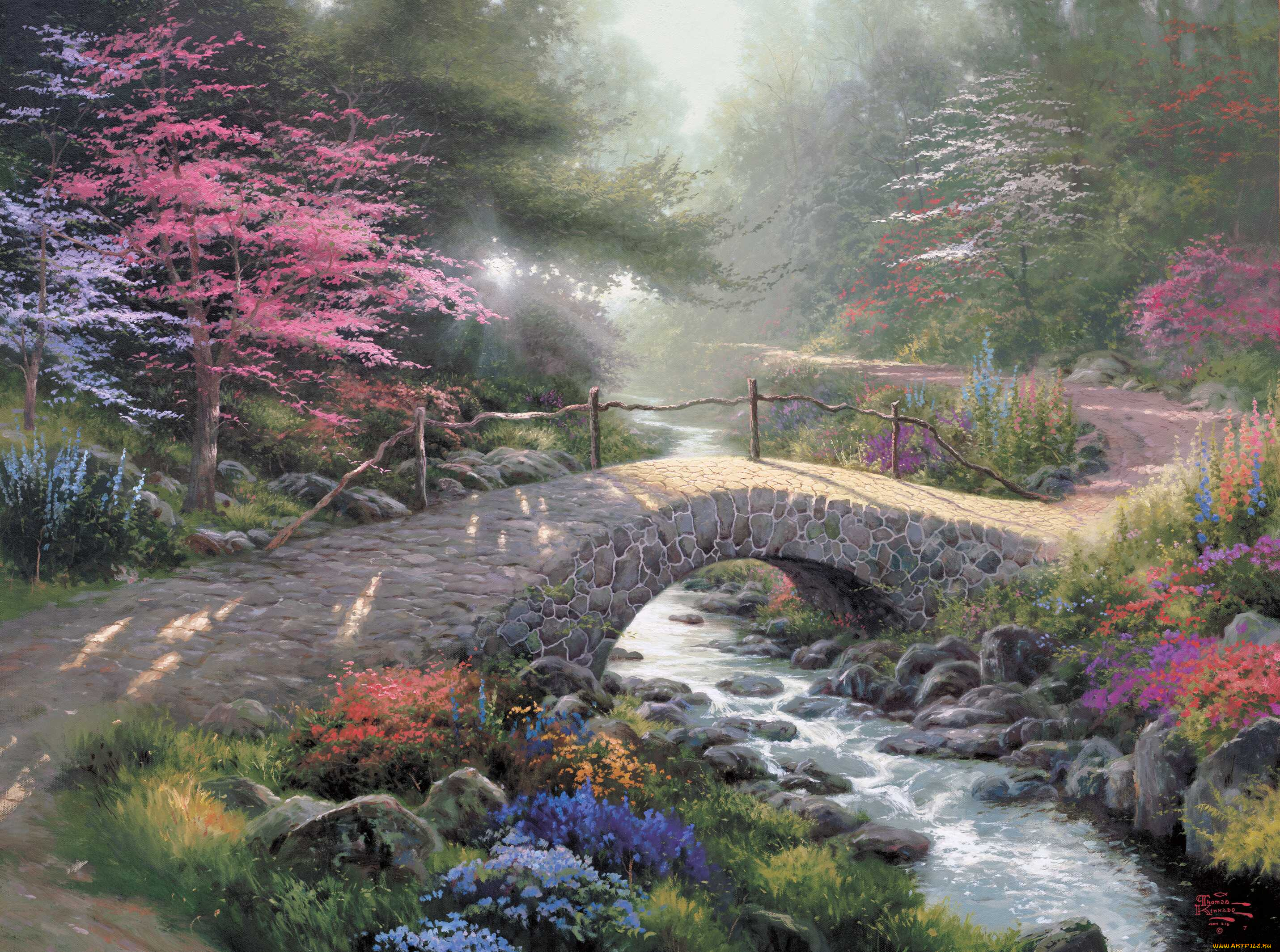 bridge, of, faith, рисованные, thomas, kinkade, лес, свет, парк, ручей, мост