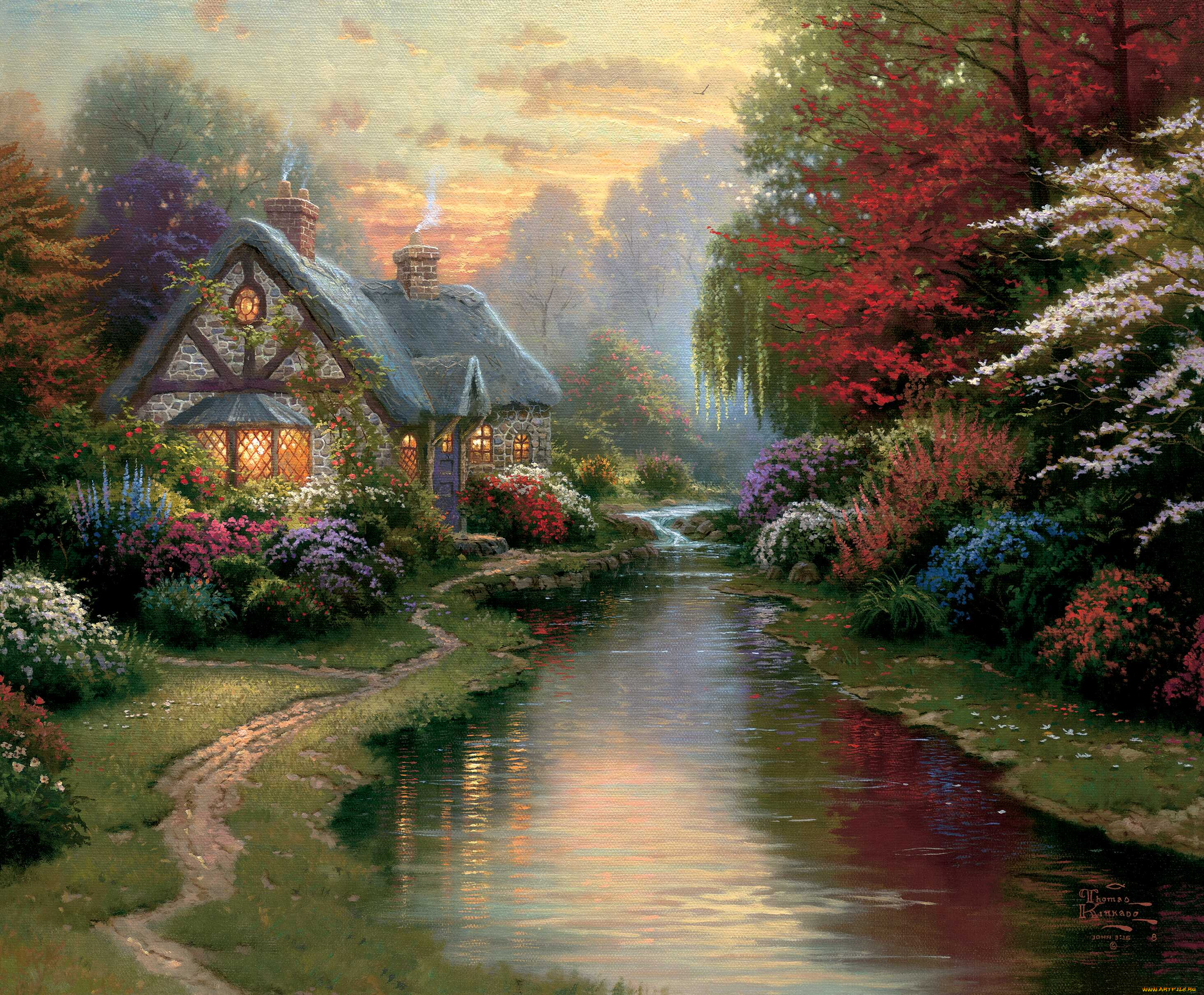 a, quiet, evening, рисованные, thomas, kinkade, коттедж, ручей, закат, вечер