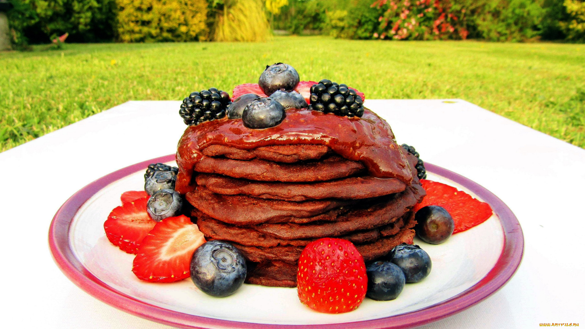 еда, блины, , оладьи, клубника, черника, варенье, ежевика