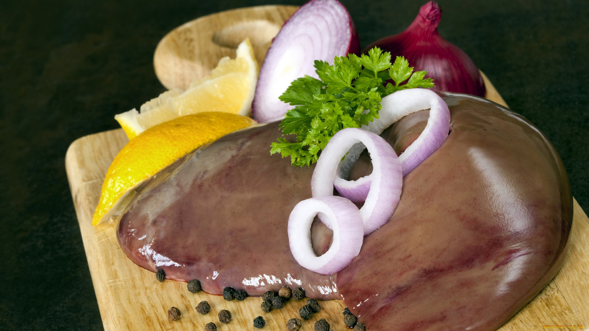 еда, мясные, блюда, перец, лук, лимон, печень
