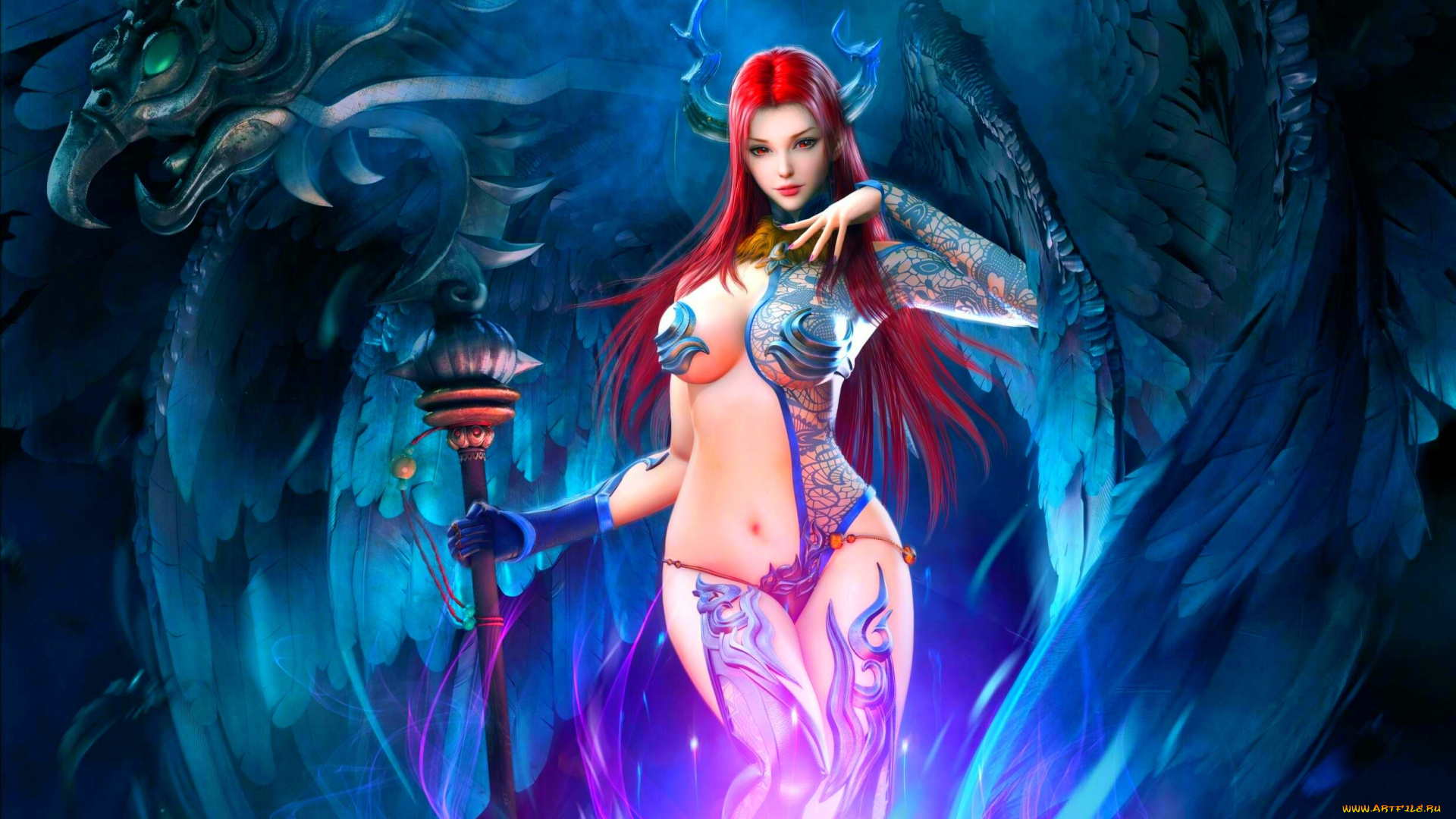 фэнтези, демоны, эротика, арт, девушка, взгляд, красные, волосы, рога, крылья