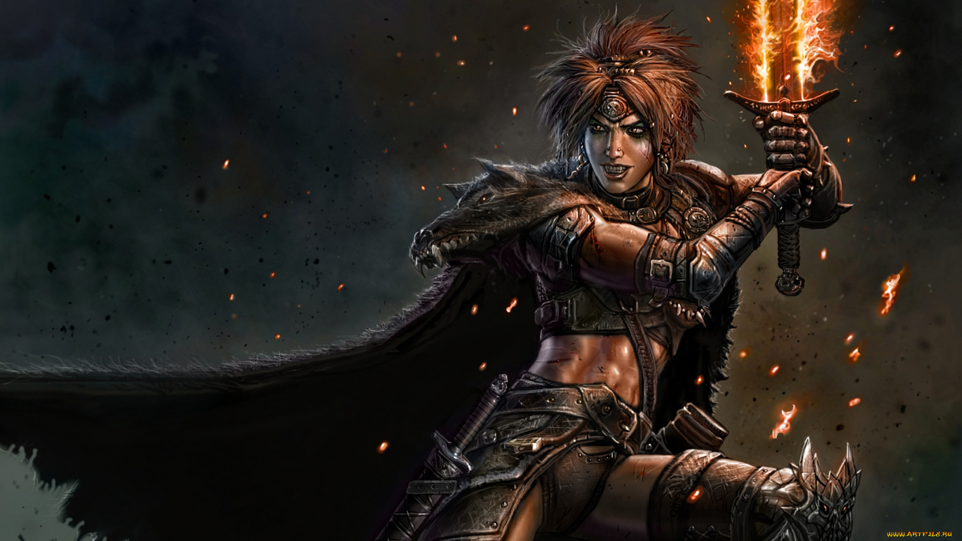 фэнтези, девушки, огонь, женщина, воин, варвар, меч, плащ, магия, мех