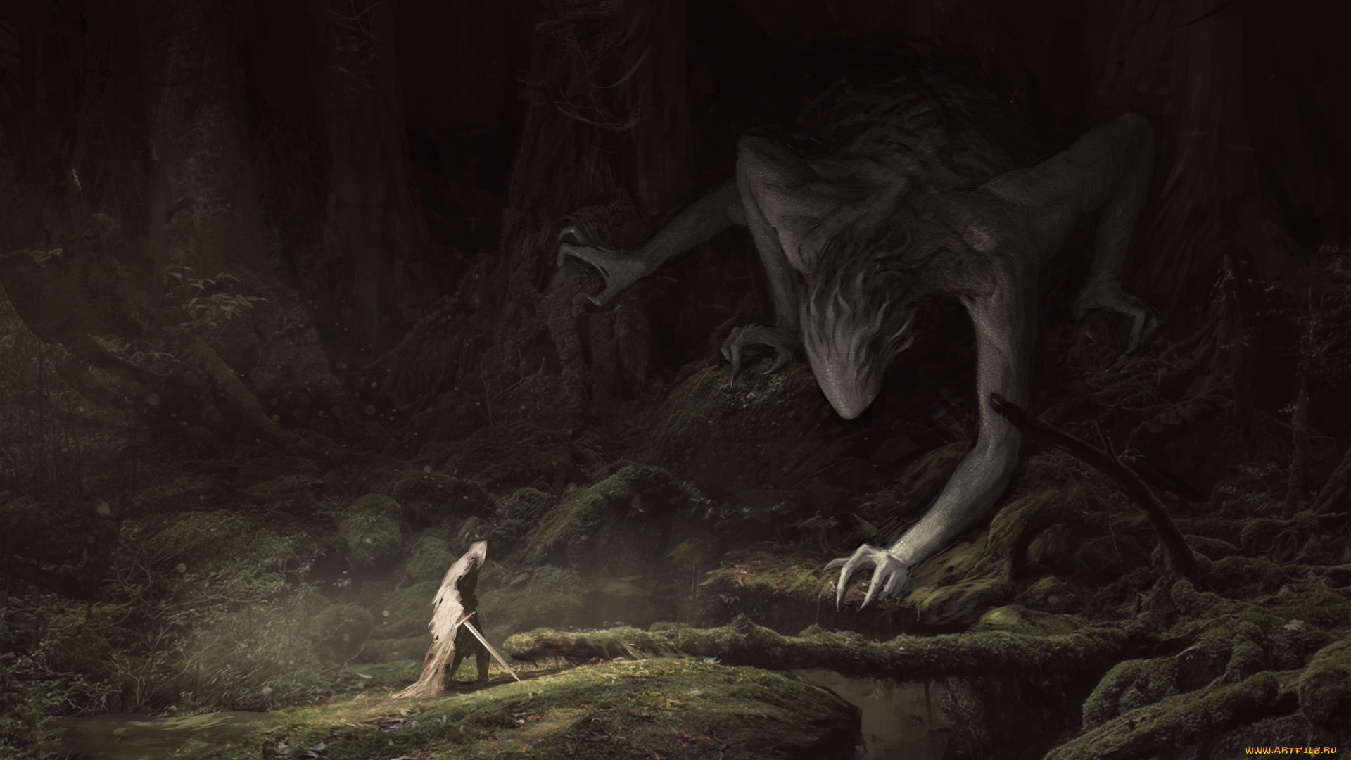 фэнтези, нежить, арт, fantasy, человек, плащ, меч, лес, деревья, ветки, мох, существо