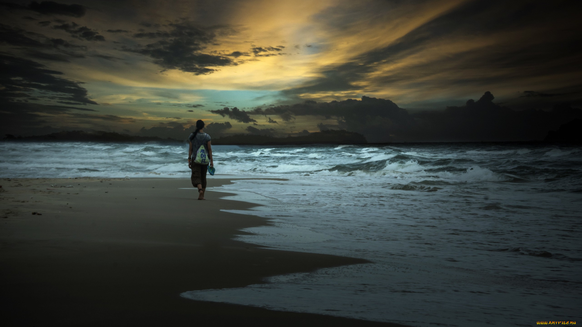 природа, побережье, девушка, море, ночь