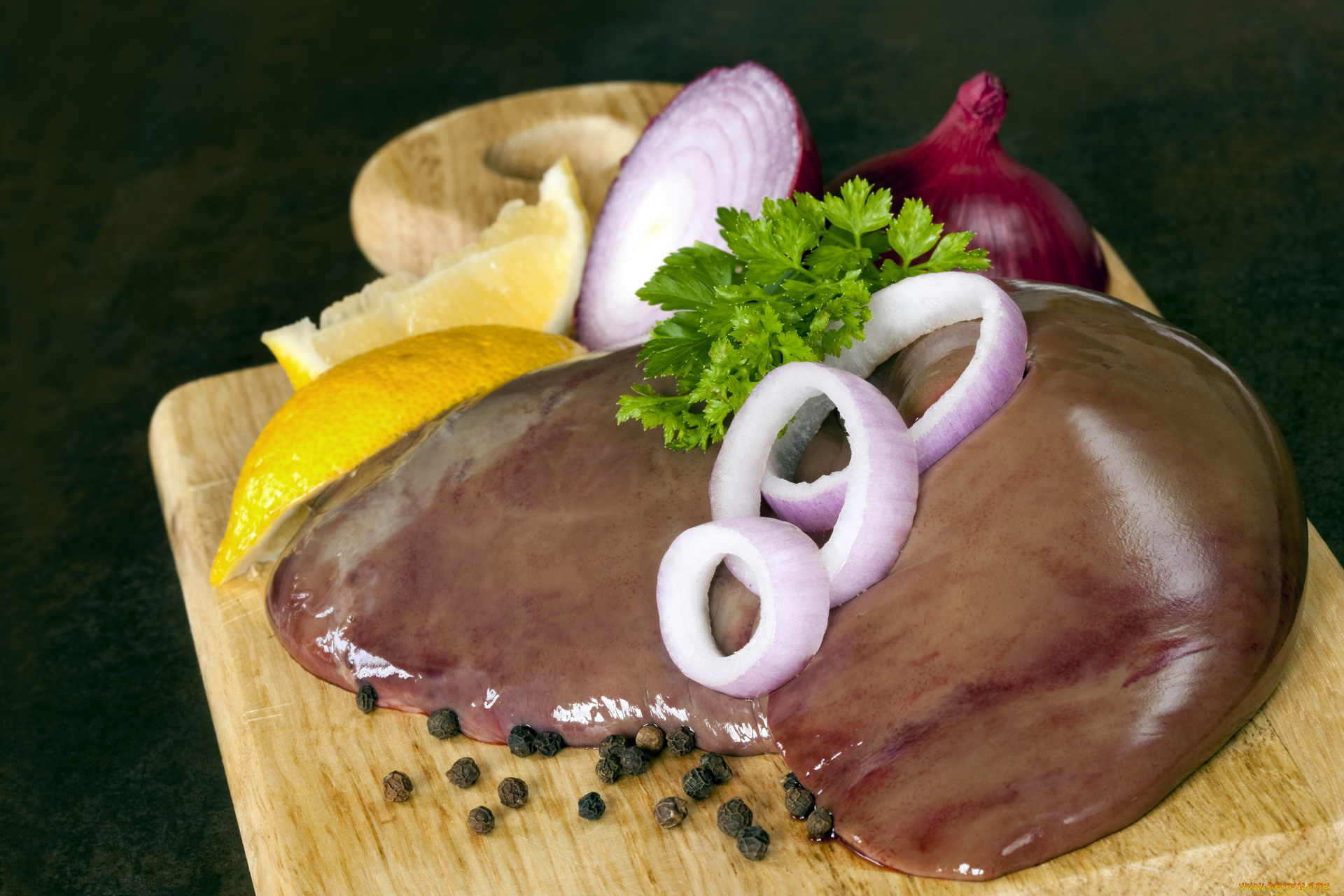 еда, мясные, блюда, перец, лук, лимон, печень