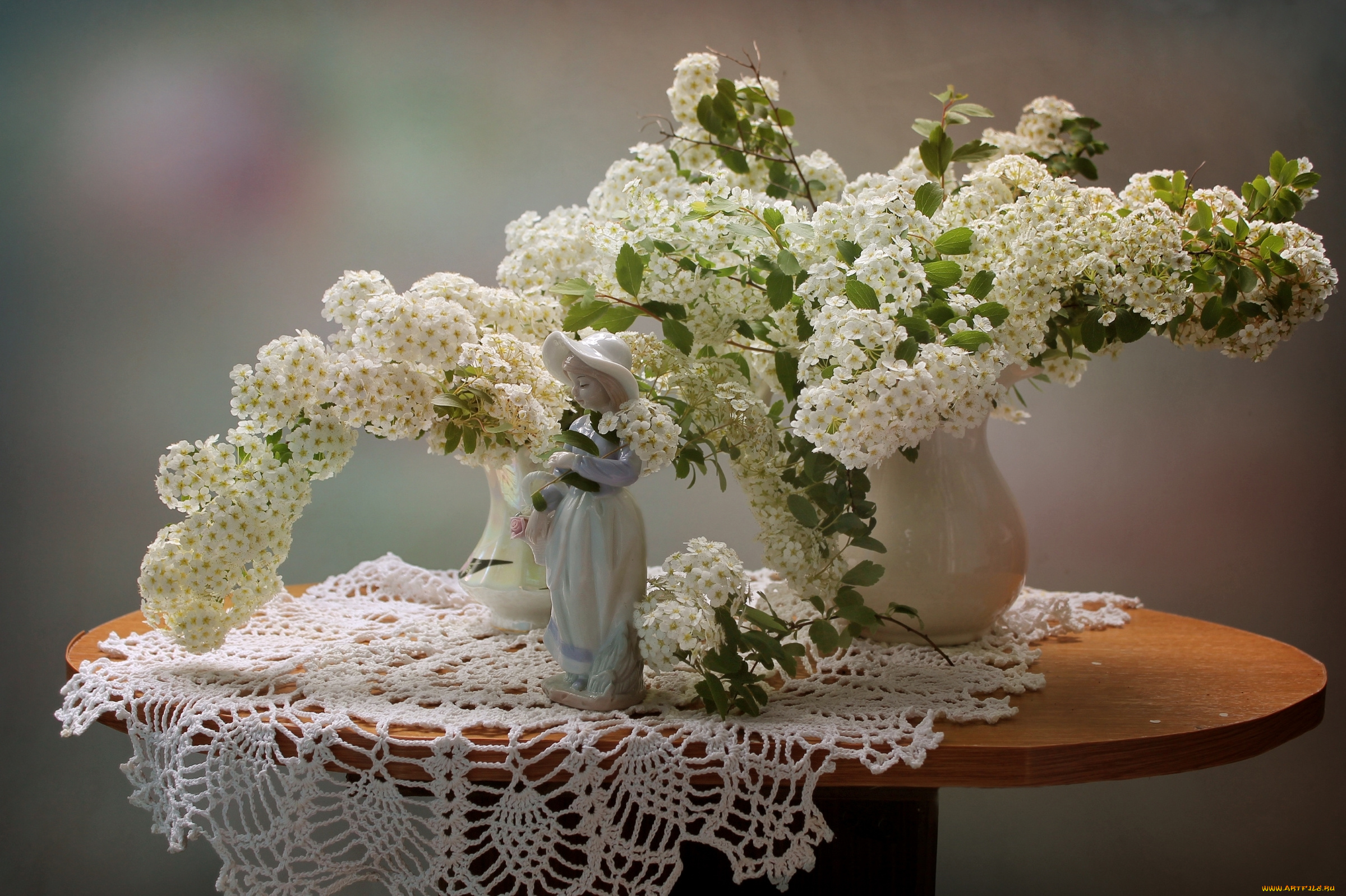 цветы, цветущие, деревья, , , кустарники, девочка, статуэтка, спирея