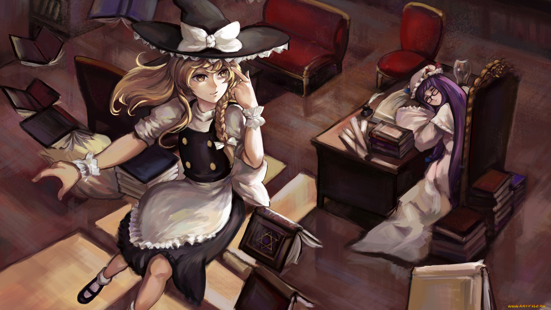 аниме, touhou, шляпа, книги, комната, девушки, магия