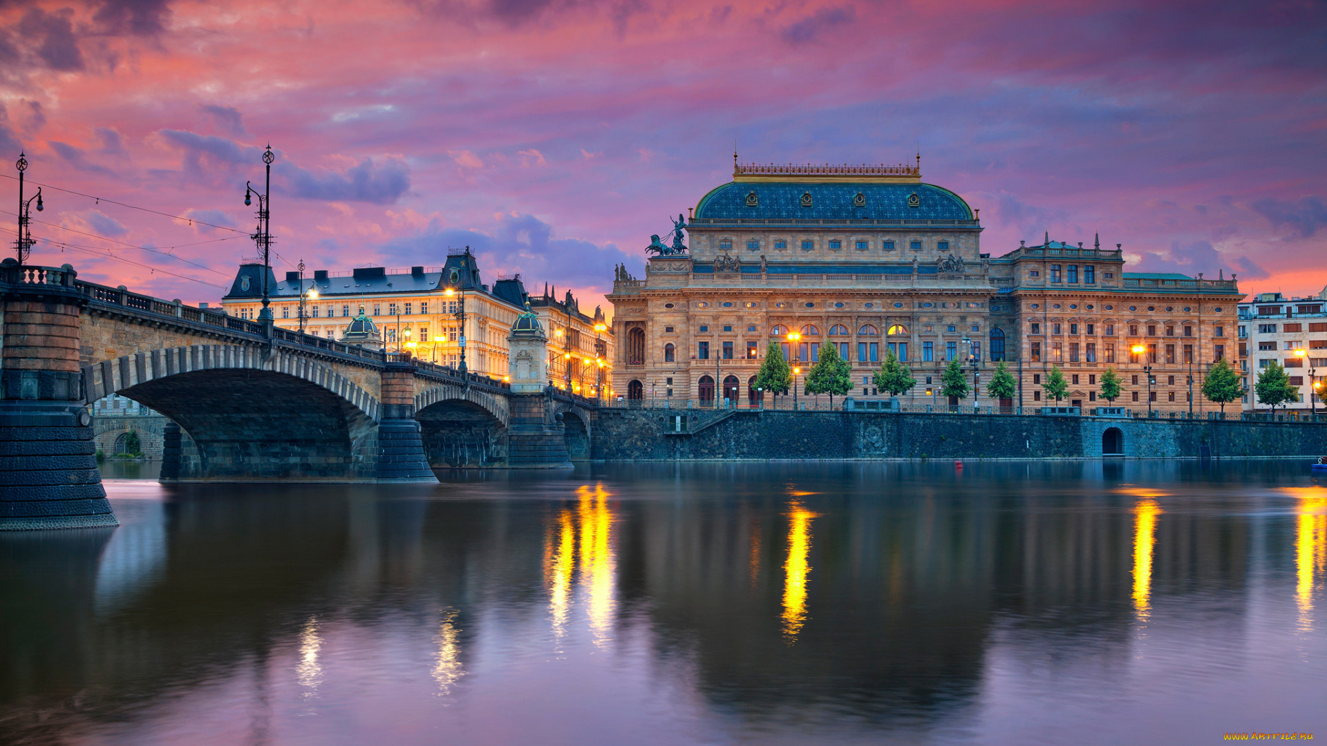 города, прага, , Чехия, дома, мост, река, вечер, прага