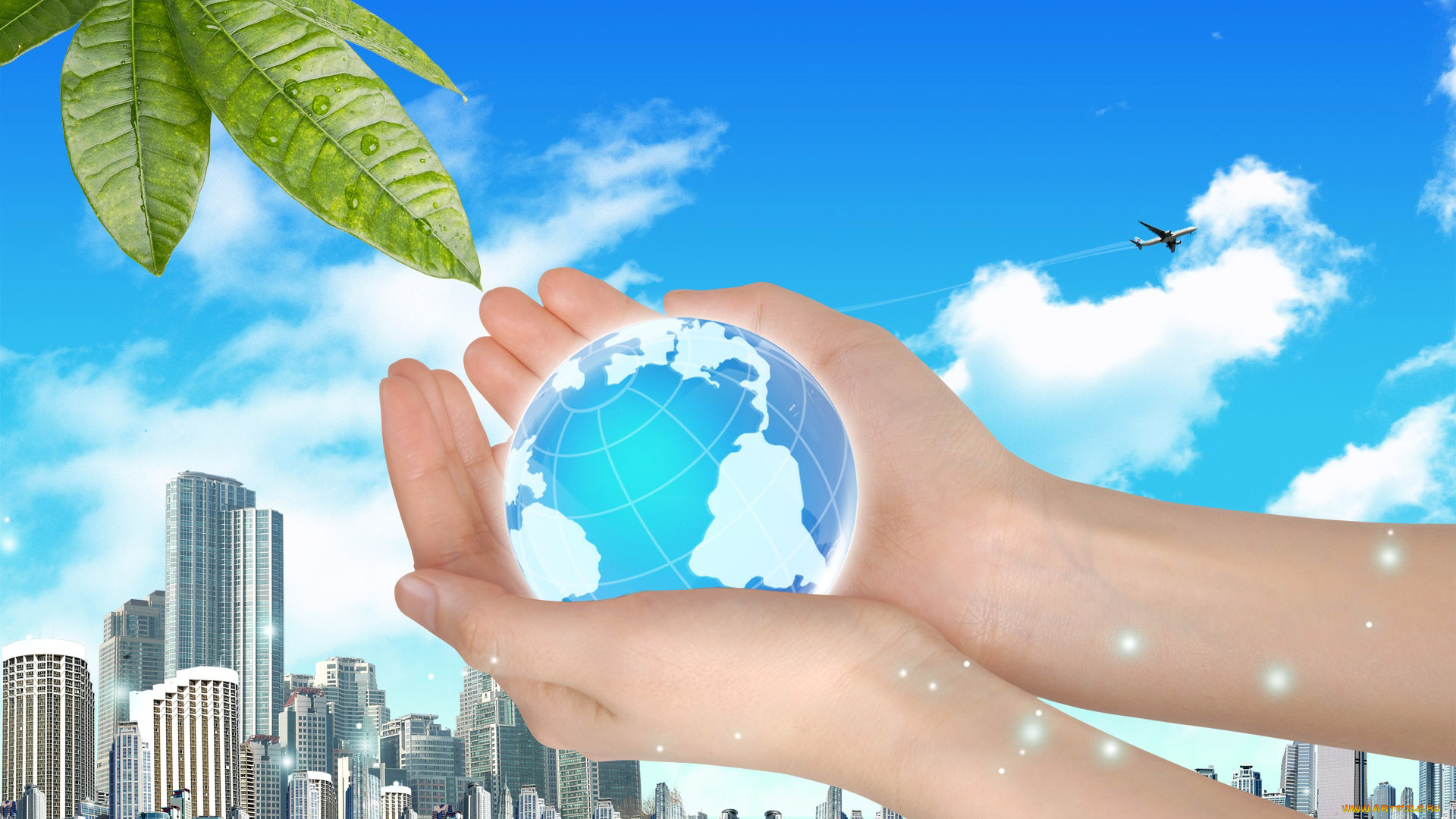 разное, компьютерный, дизайн, город, луки, дома, земля, путешествие, туризм, ладони, коллаж, планета