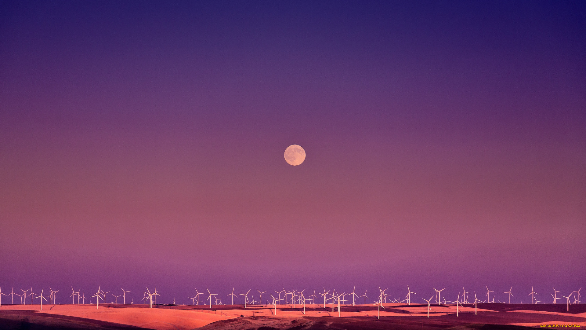 разное, мельницы, поле, ветрогенератор, сумерки, луна