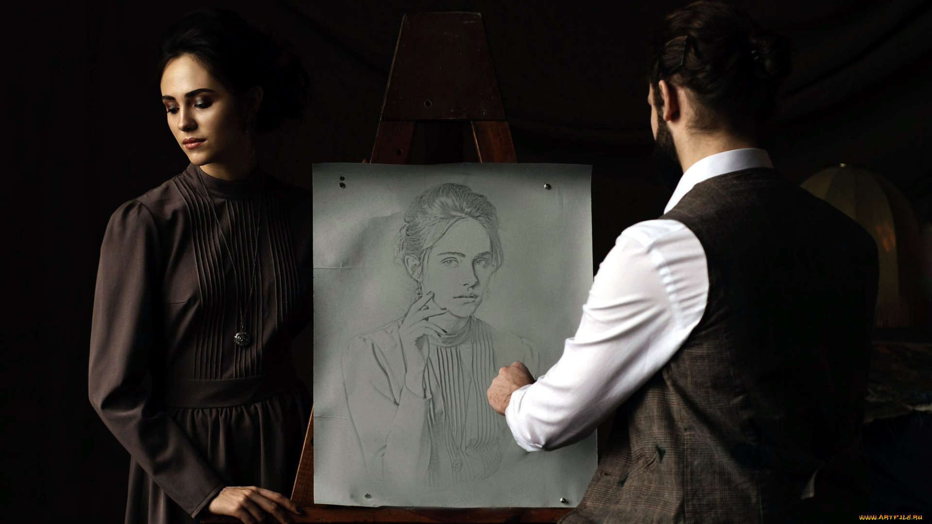разное, мужчина, женщина, художник, модель, мольберт, портрет