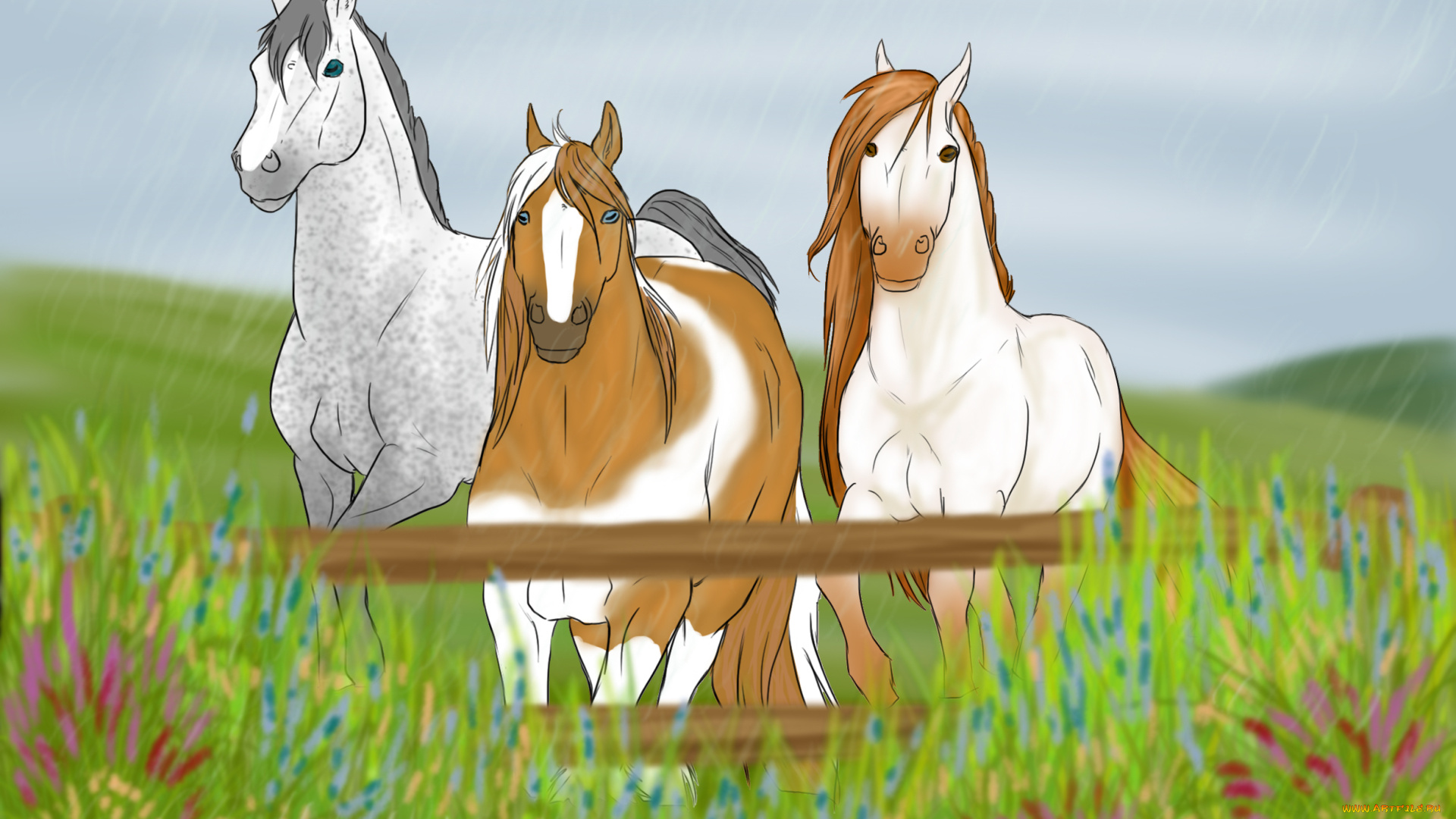 рисованное, животные, , лошади, лошадь, фон