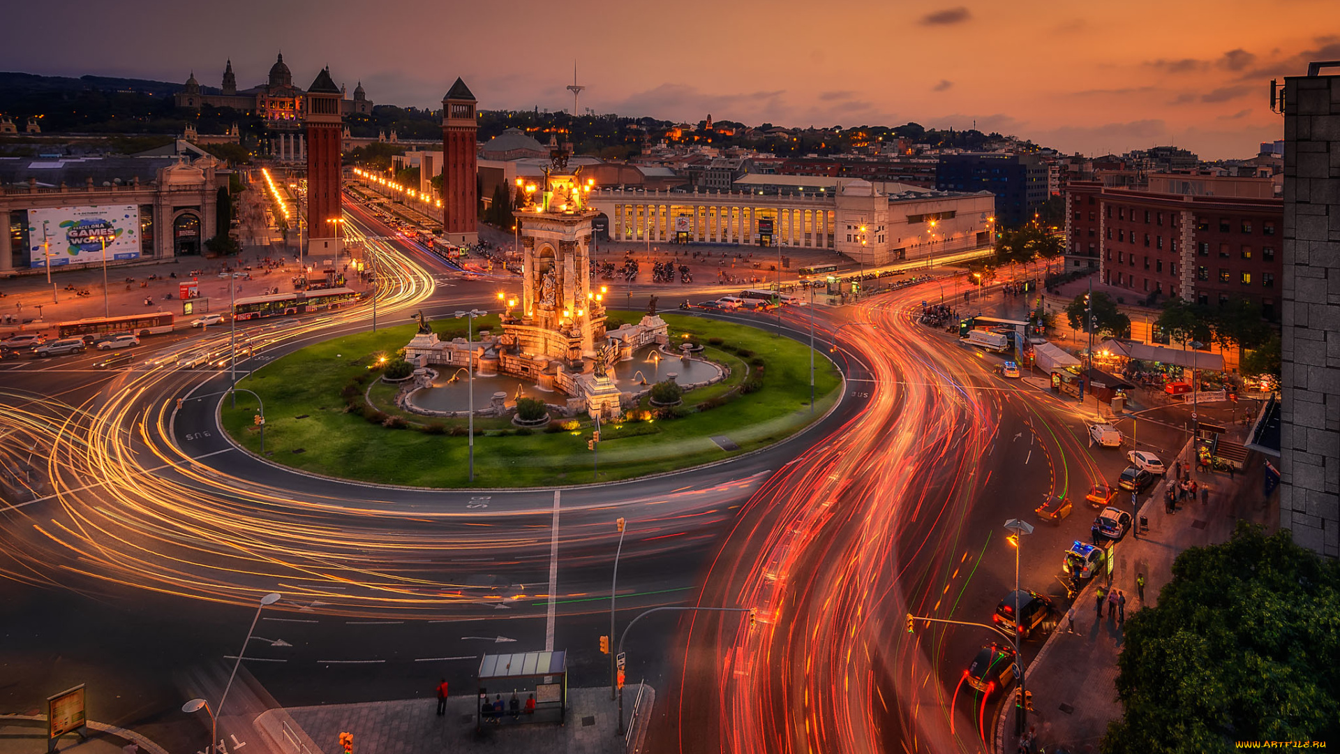 барселона, испания, города, -, огни, ночного, города, площадь, город, огни, ночь