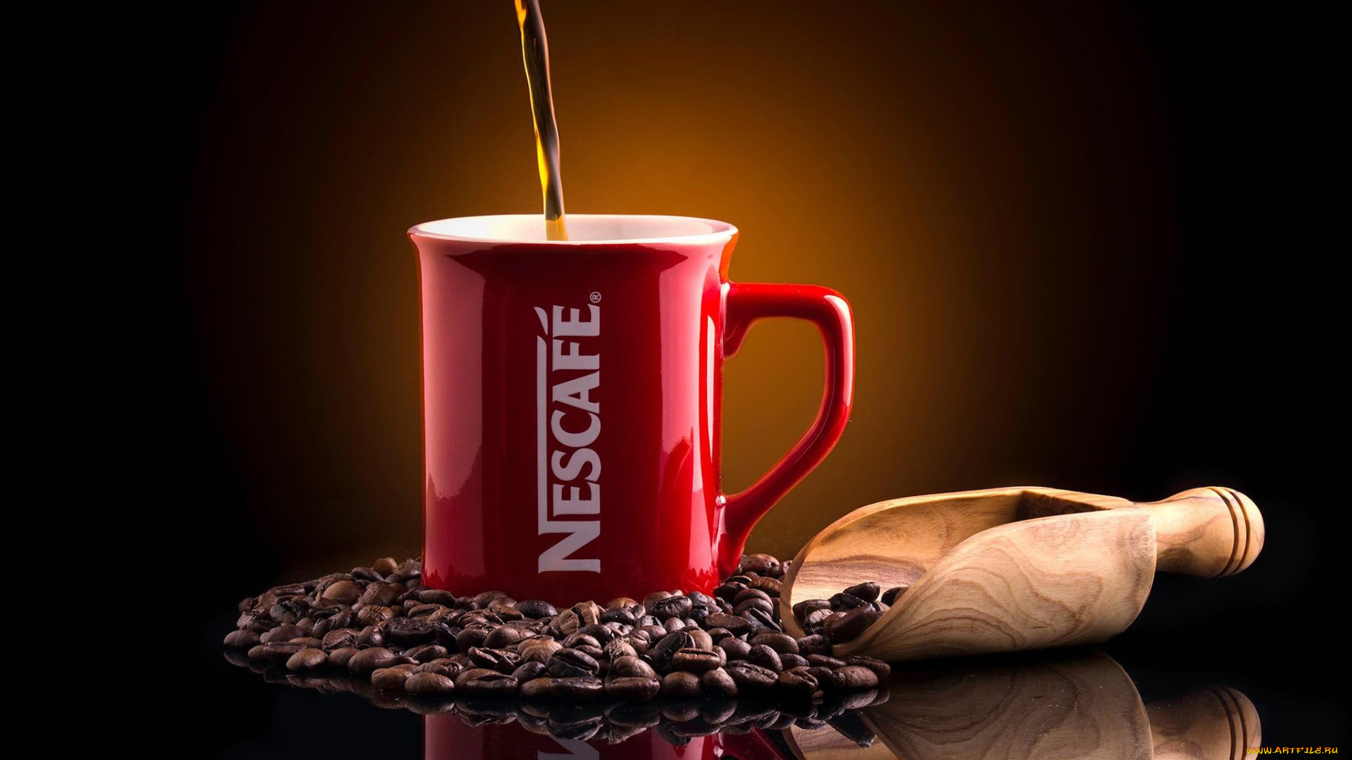 бренды, nescafe, nescafе, кофе, совок, фон, отражение, кружка, кофейные, зёрна