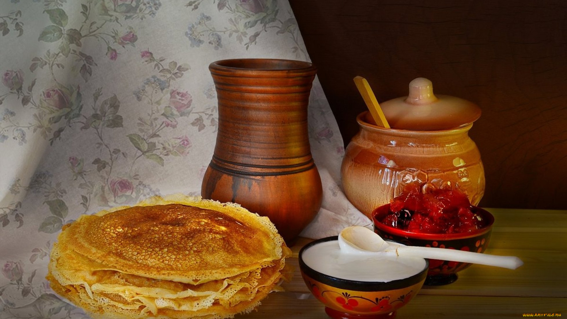 еда, блины, , оладьи, сметана, варенье