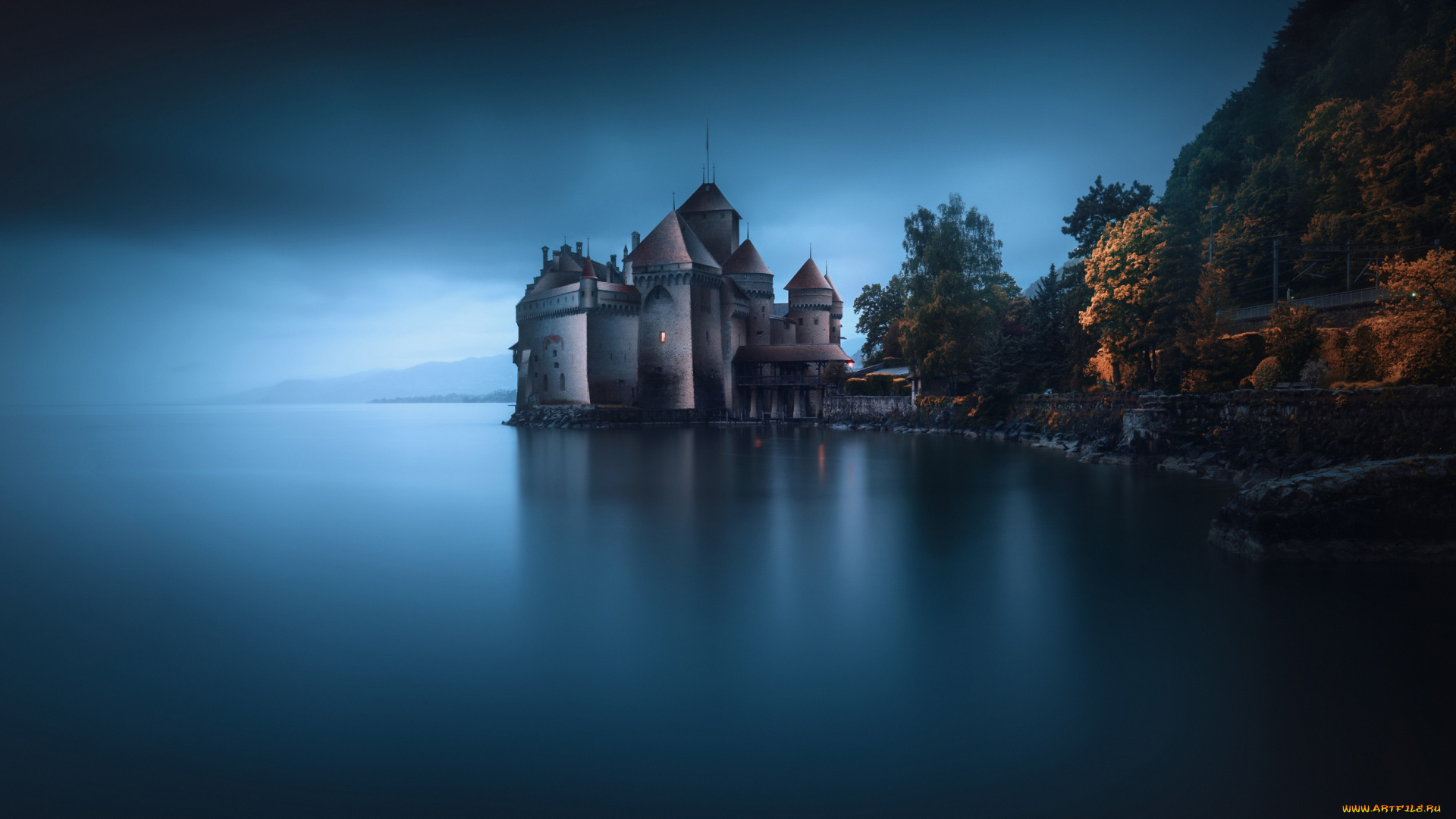 города, -, дворцы, , замки, , крепости, замок, осень, озеро, вечер