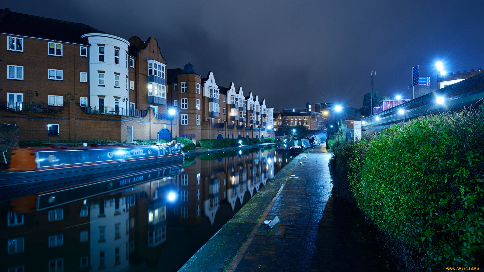 города, -, огни, ночного, города, канал, кусты, огни, катера, birmingham, дома, англия, ночь, вода, отражение, фонари, река