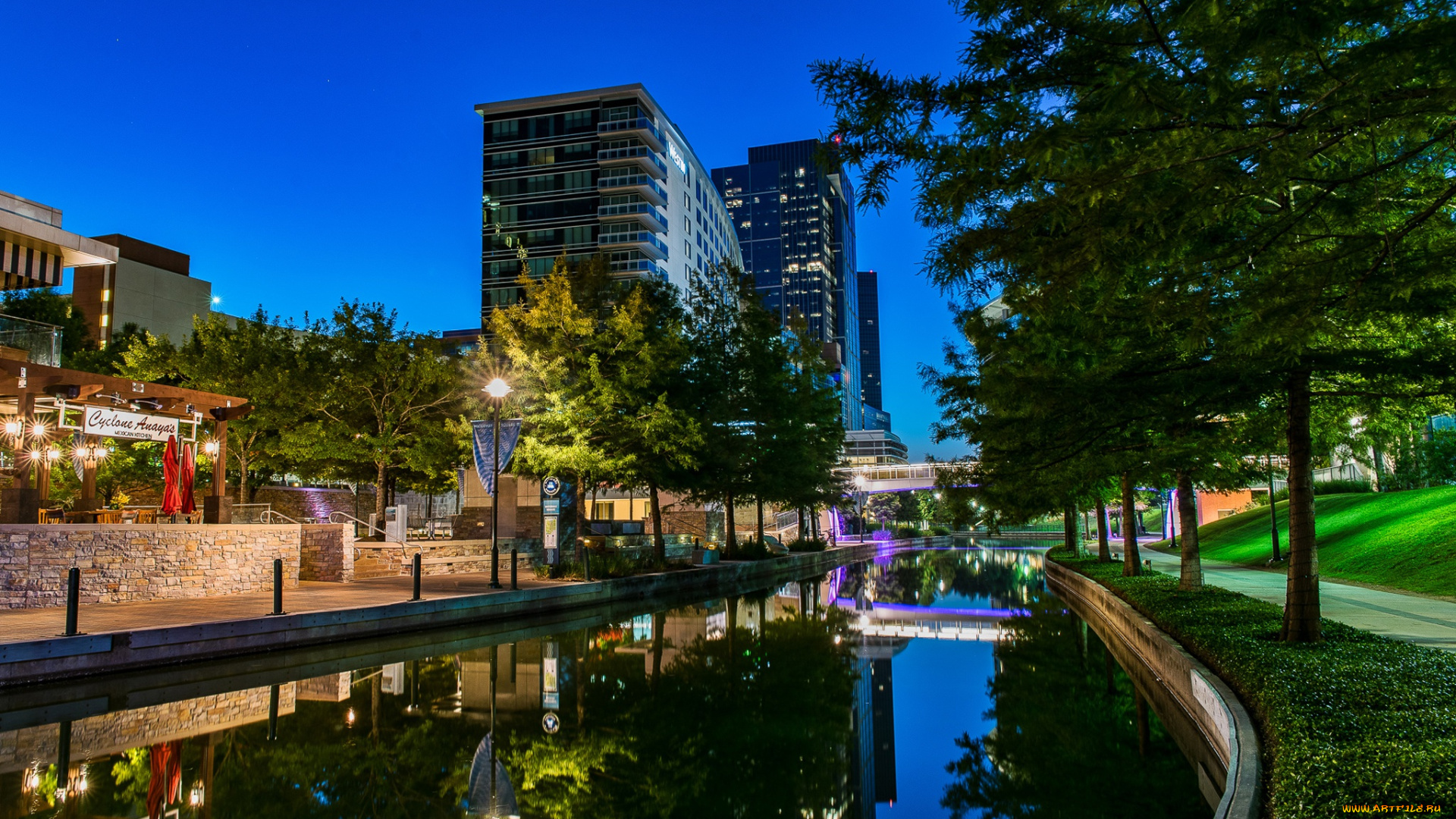 города, -, панорамы, отражение, дома, деревья, огни, канал, вода, woodlands, waterway, вечер, небо, сша, техас