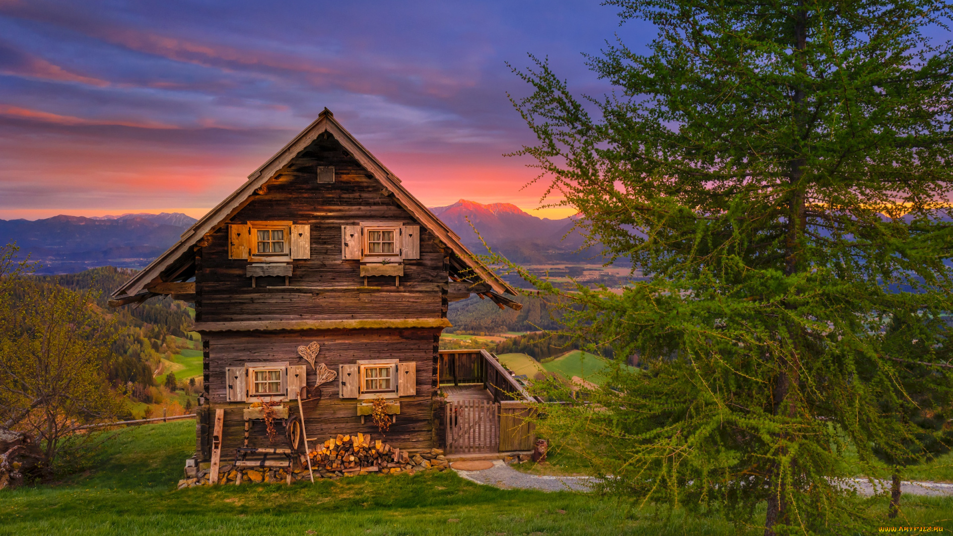 города, -, здания, , дома, закат, леса, изба, зелень, дом, вечер, деревья, трава, австрия, горы, поля, magdalensberg