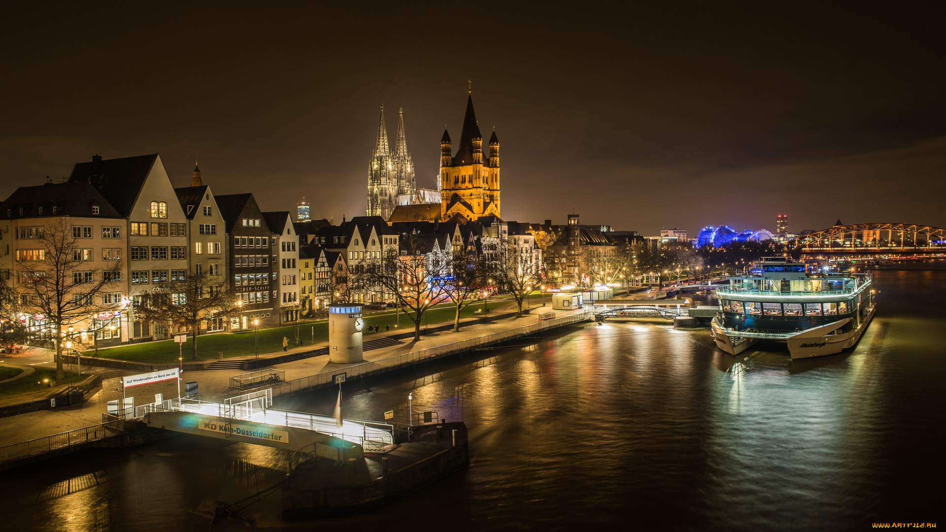 города, кельн, , германия, гериания, ночь, кёльн, рейн, река, огни