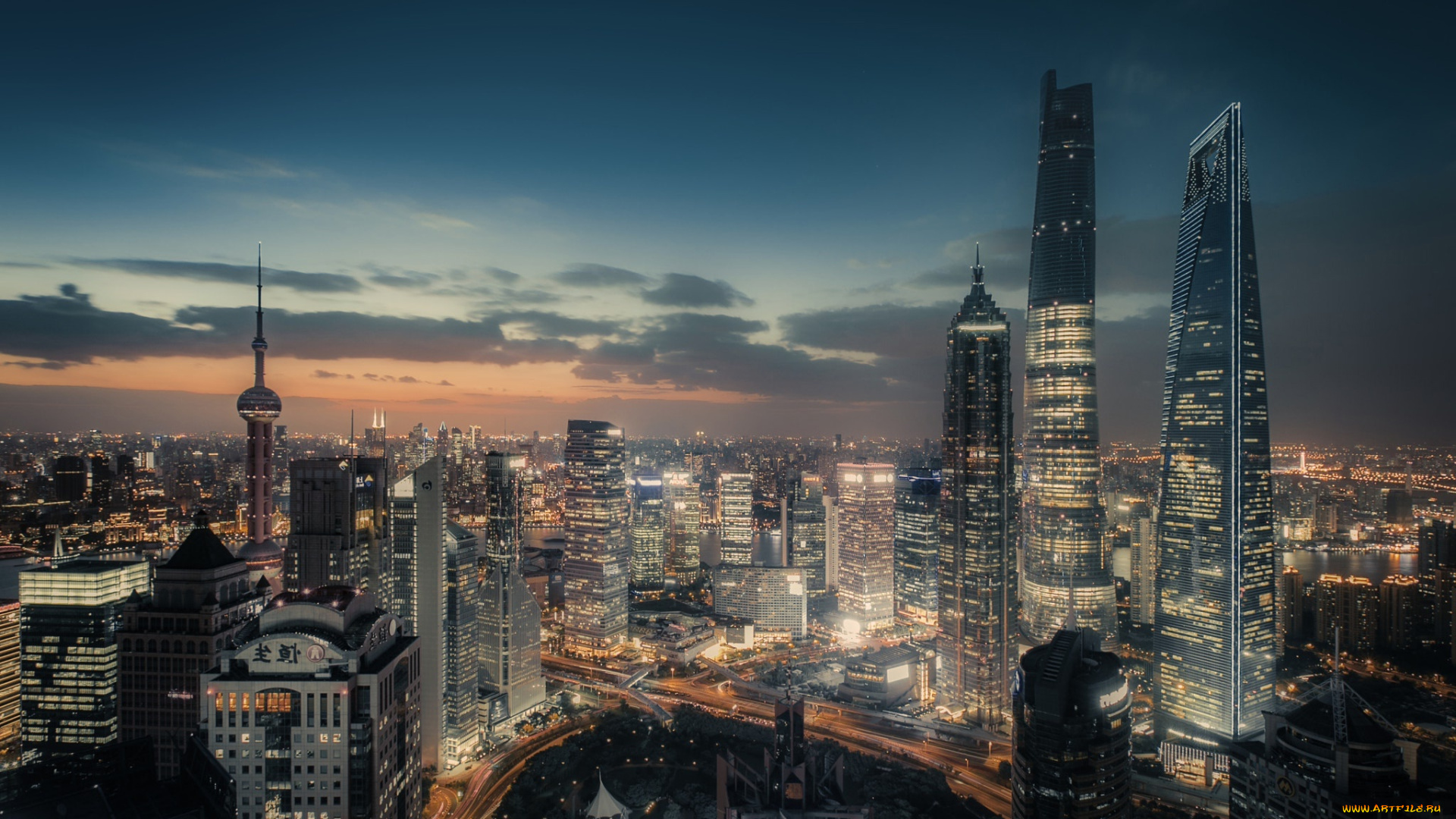 города, шанхай, , китай, город, шанхай, огни, вечер, кнр