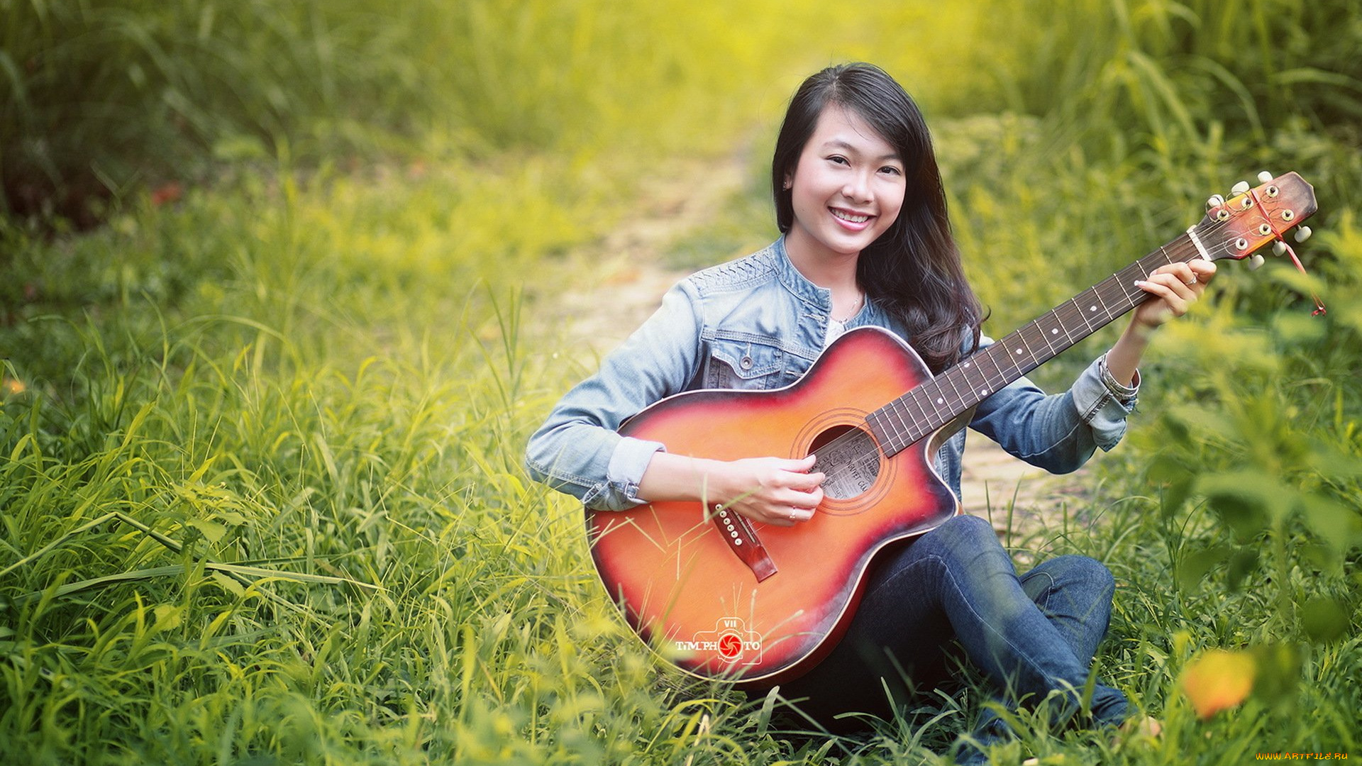 музыка, -другое, азиатка, гитара, взгляд, растения, девушка